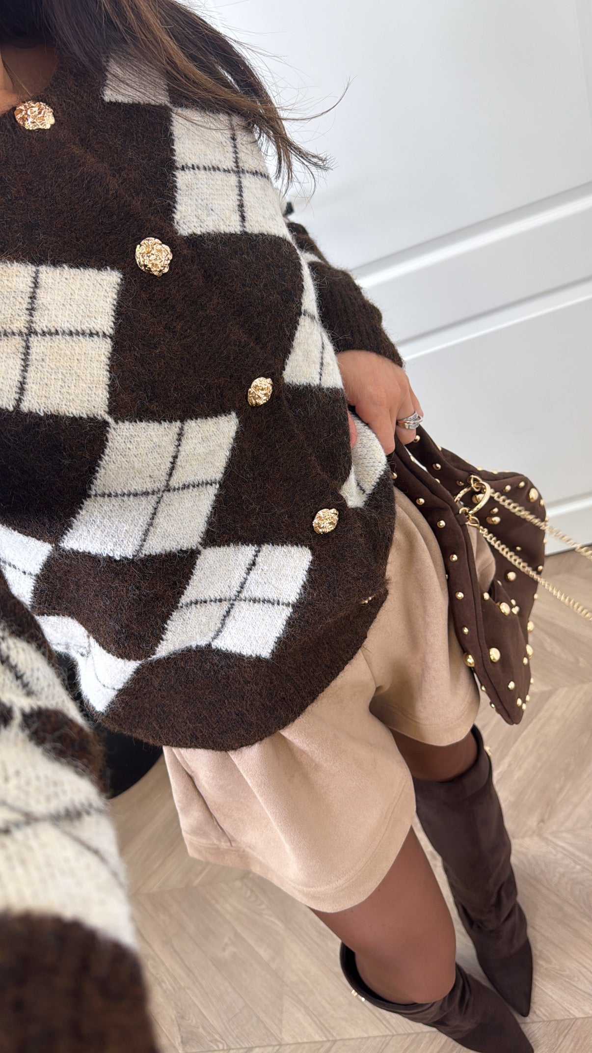 CHER cream and brown argyle cardigan with gold buttons