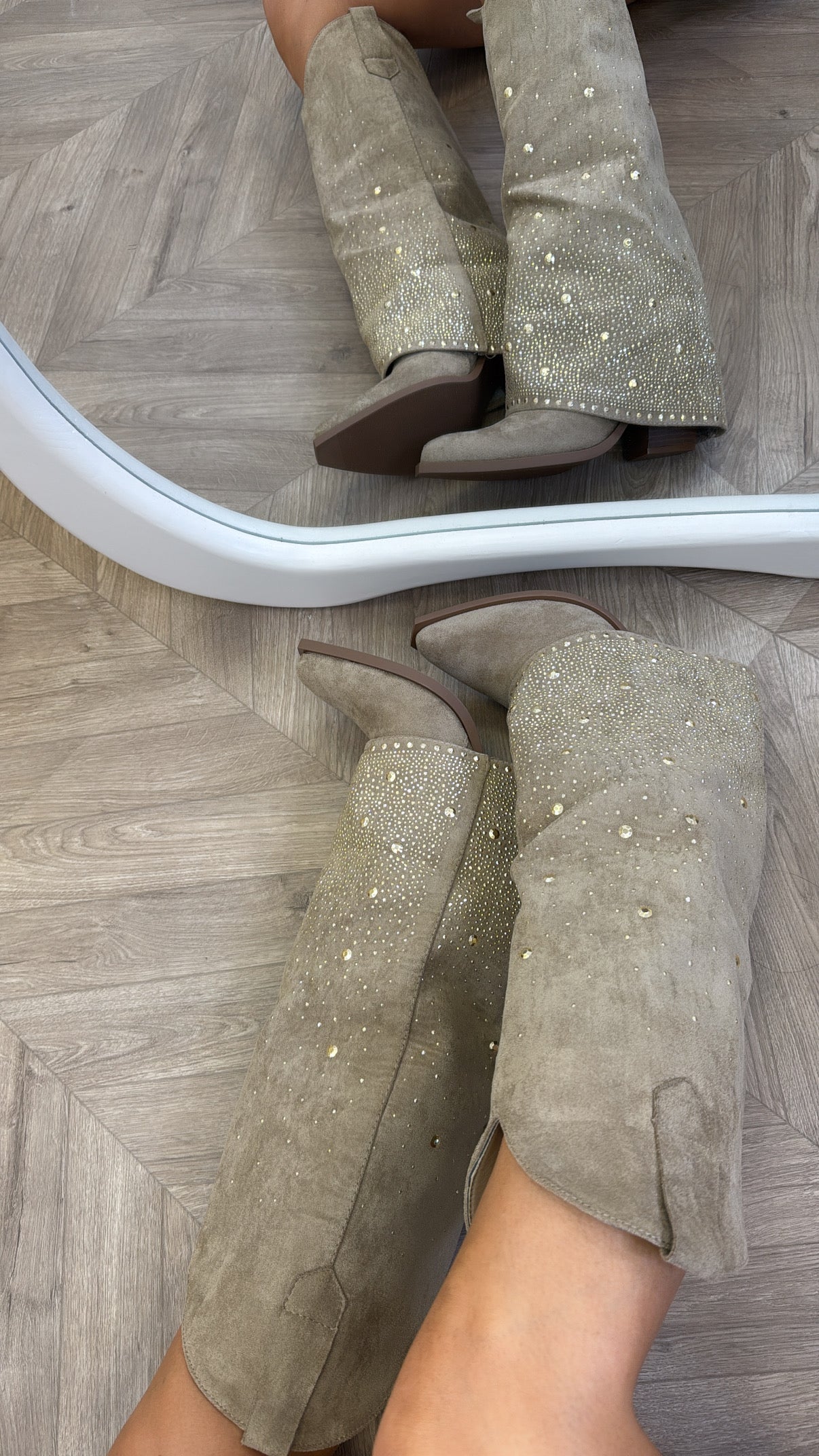 CLARISSA beige diamante detail fold down cow boy boots