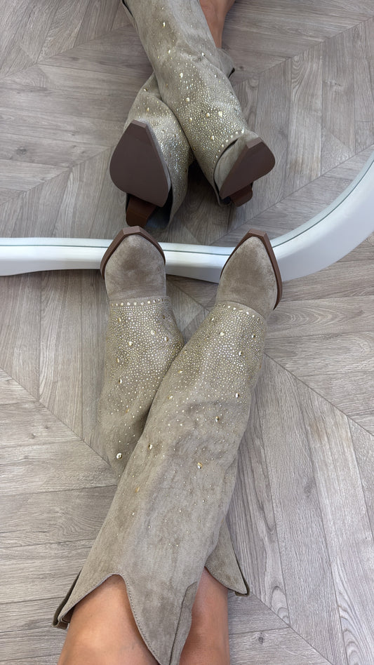 CLARISSA beige diamante detail fold down cow boy boots