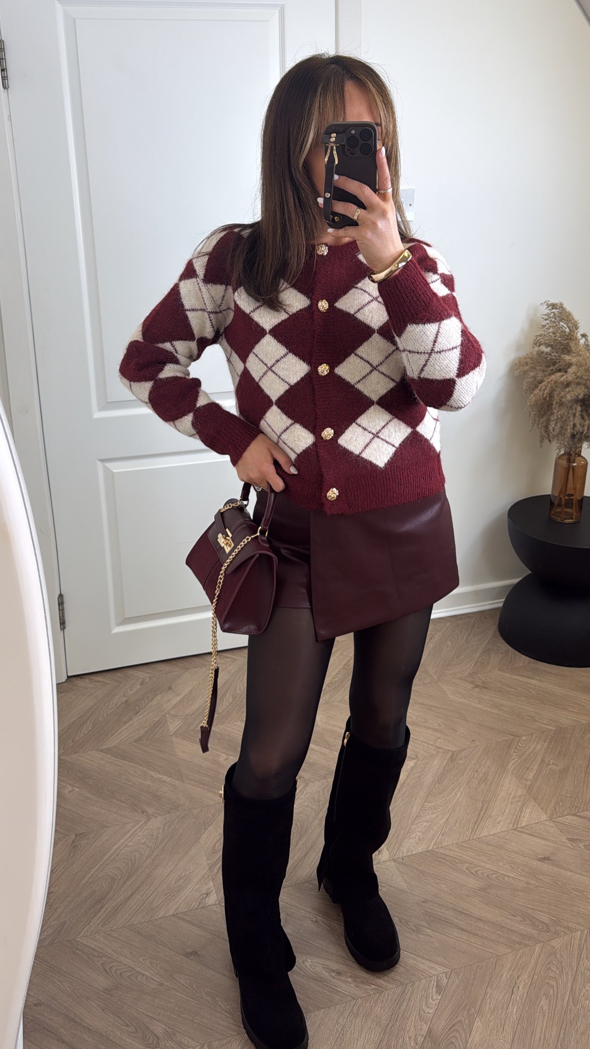 CHER burgundy and cream argyle cardigan with gold buttons