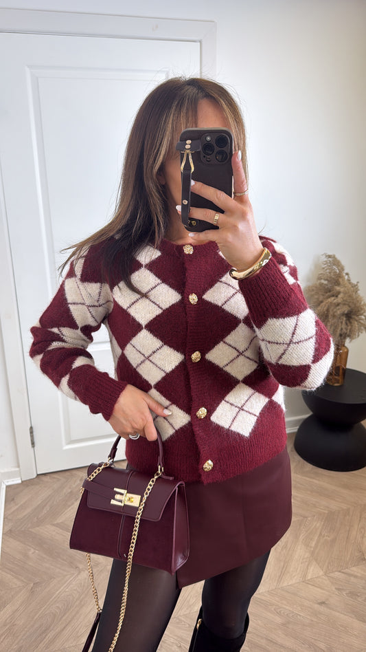 CHER burgundy and cream argyle cardigan with gold buttons