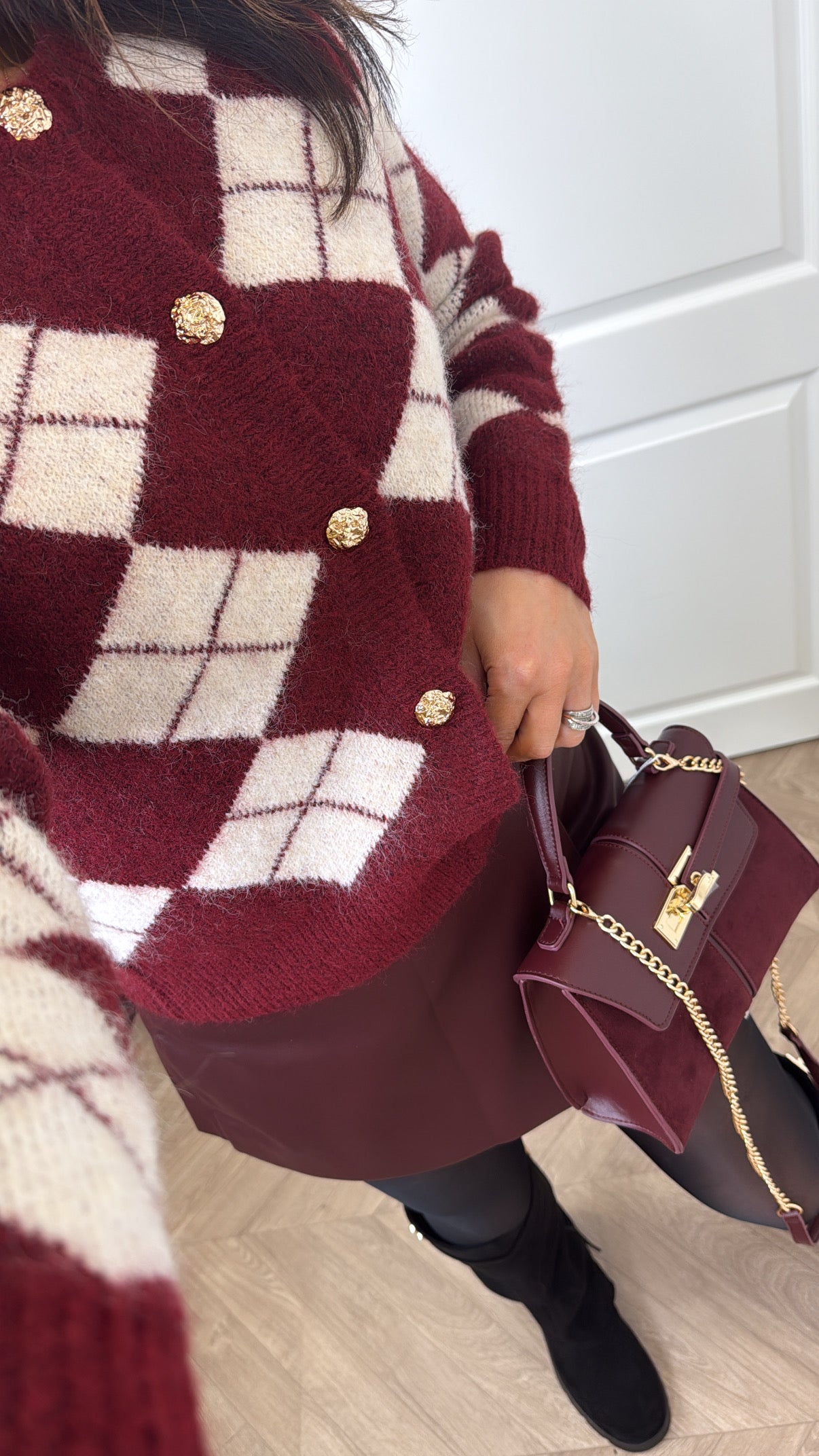 CHER burgundy and cream argyle cardigan with gold buttons