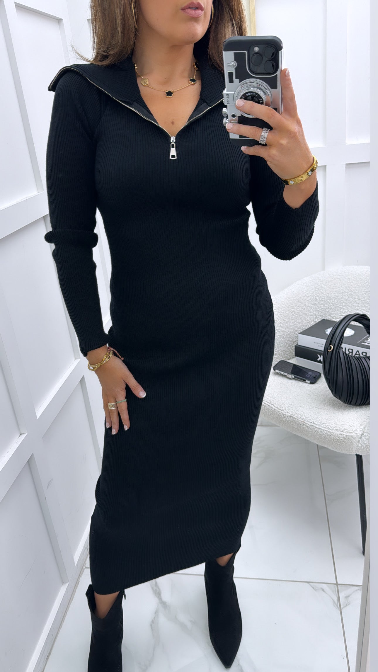 MACY black fine knit zip collar midi dress