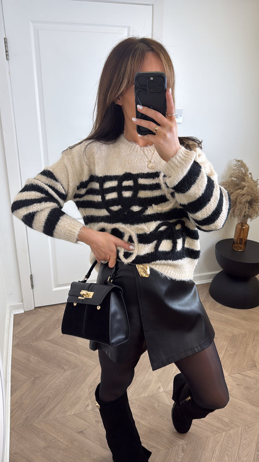 MOLLIE black and cream fluffy stripe jumper