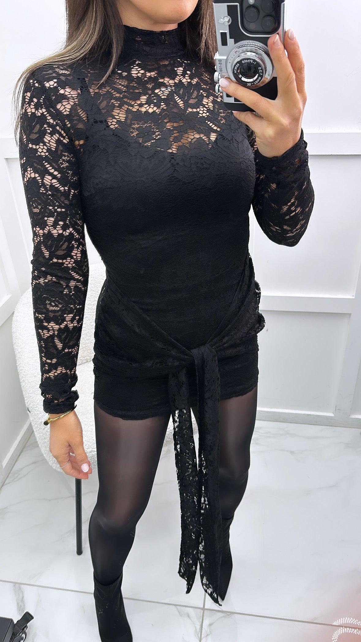 LACEY black long sleeve lace dress with tie detail