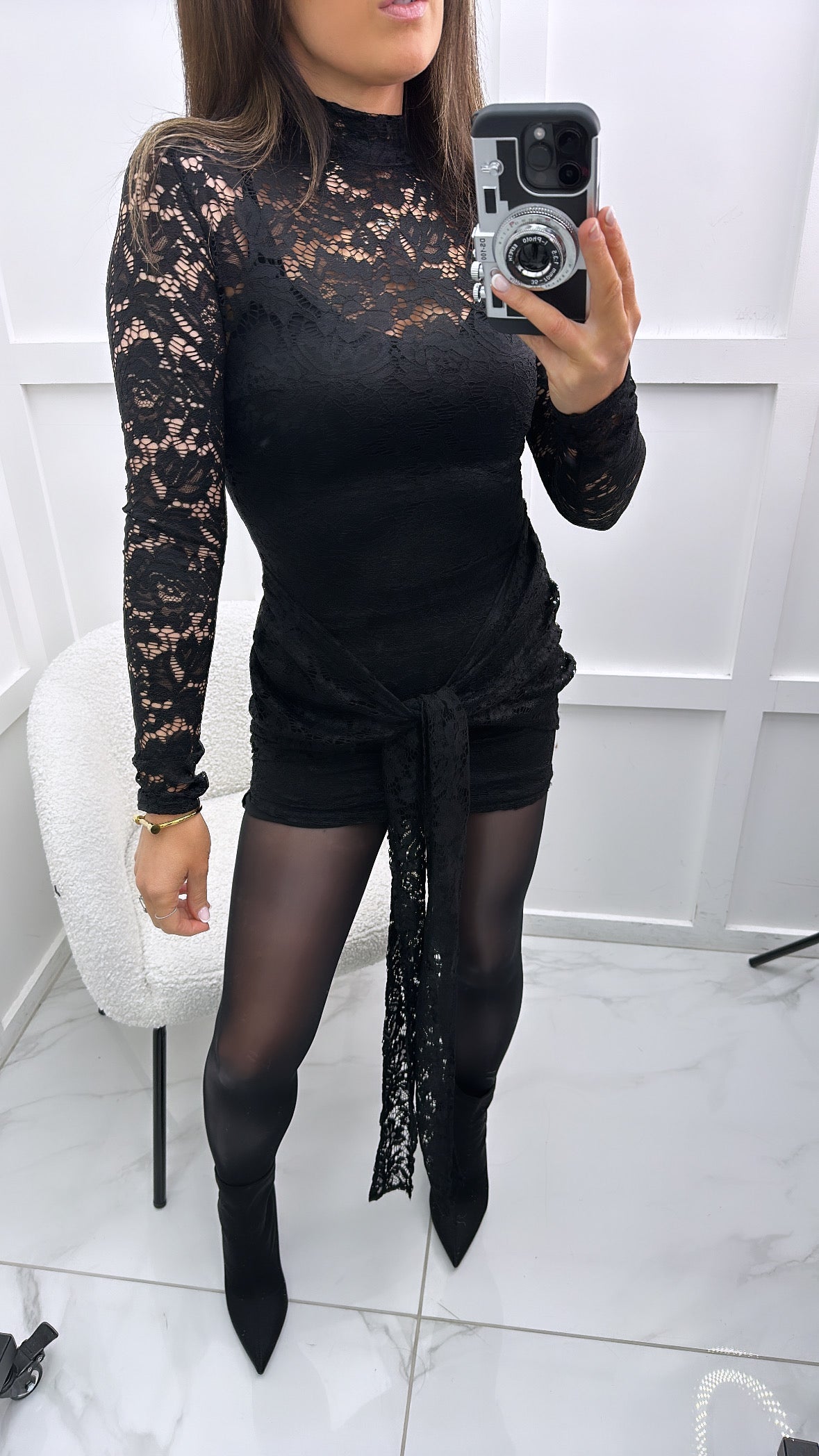 LACEY black long sleeve lace dress with tie detail