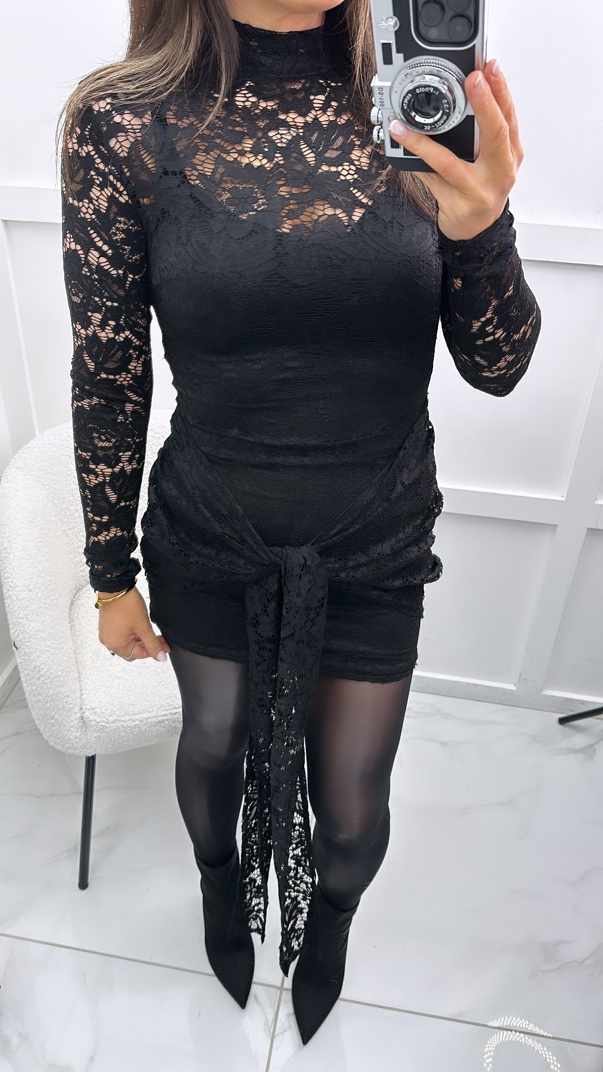 LACEY black long sleeve lace dress with tie detail