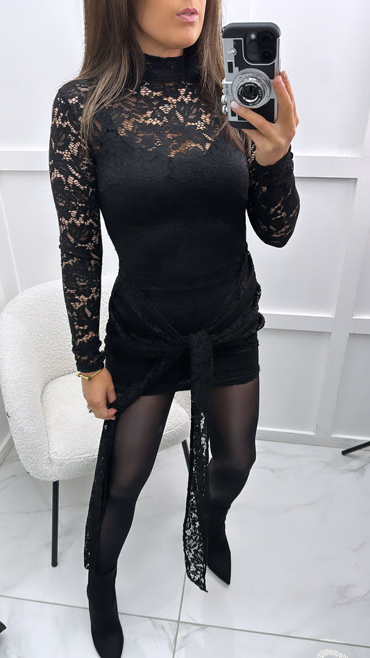 LACEY black long sleeve lace dress with tie detail