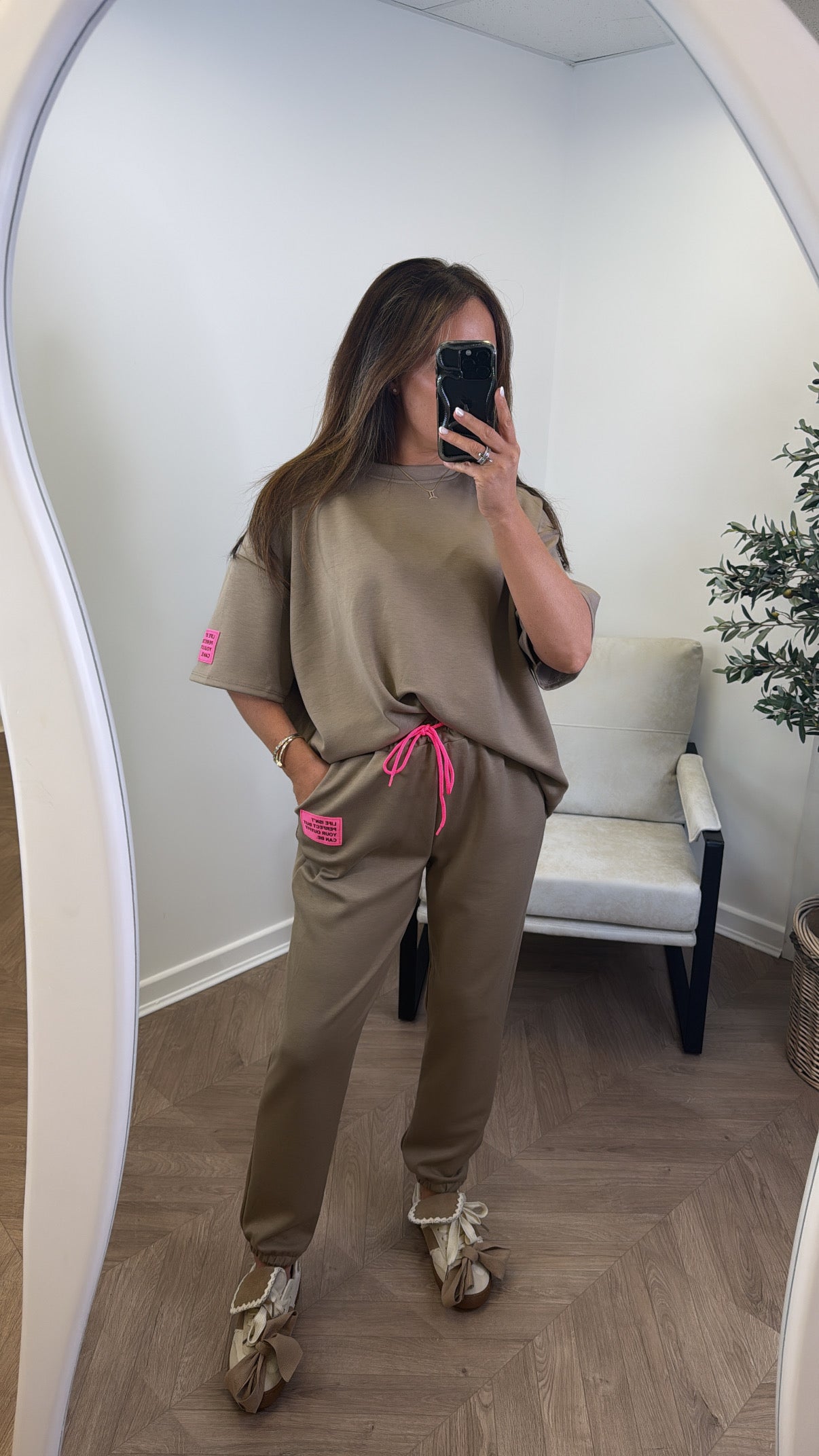 LESSIE mocha life logo lounge set with cuffed joggers