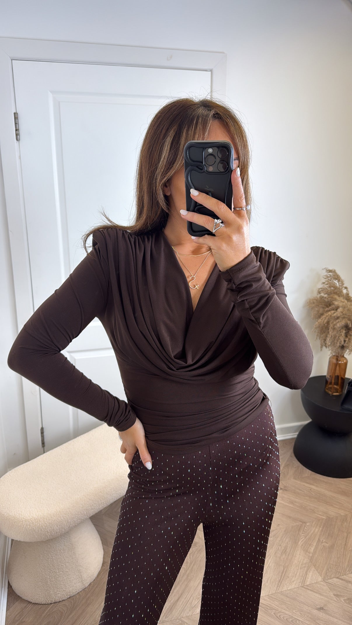 BROGAN brown drape neck top with shoulder pads