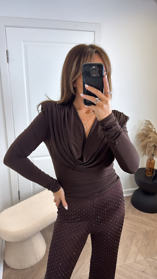 BROGAN brown drape neck top with shoulder pads