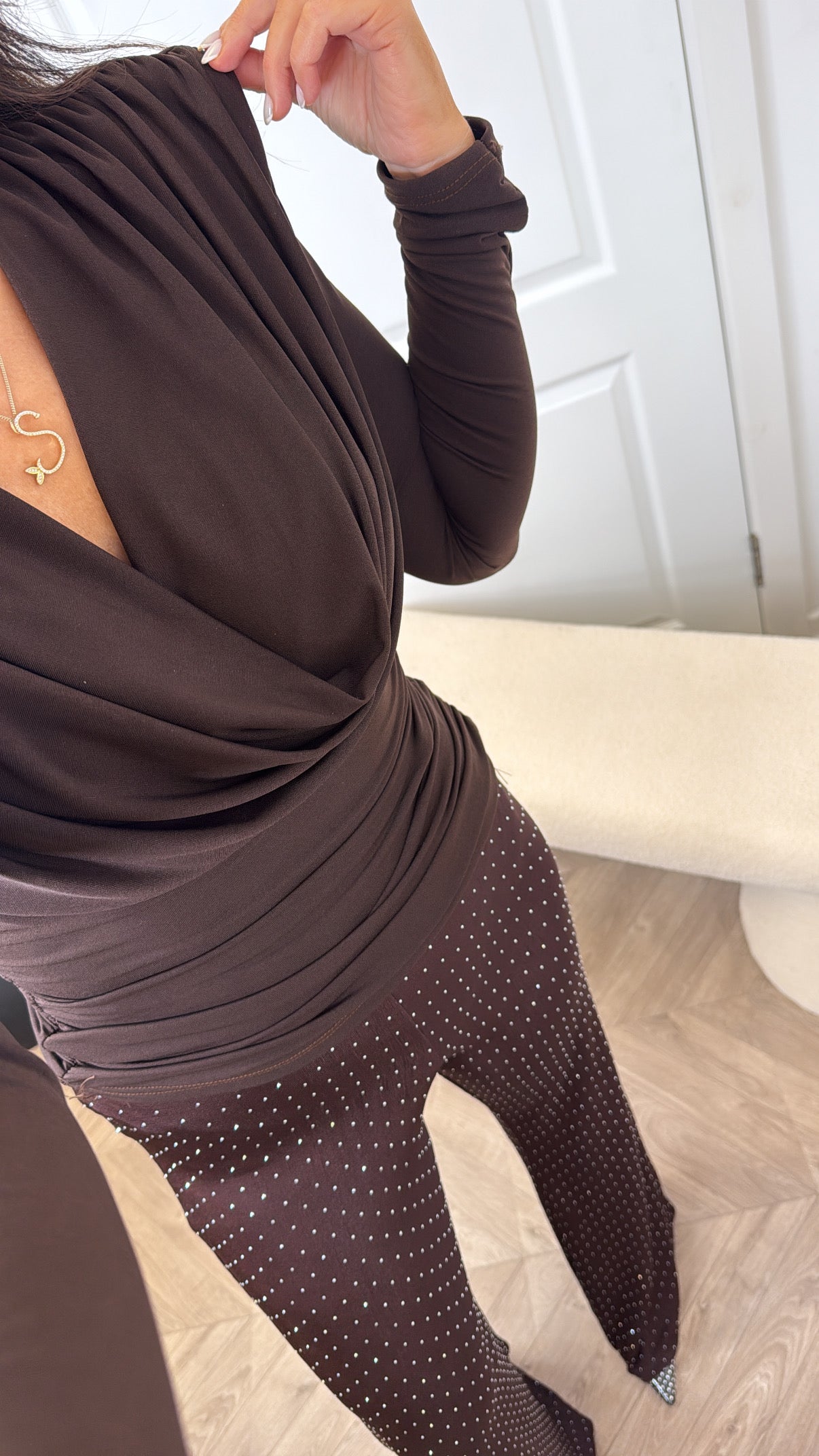 BROGAN brown drape neck top with shoulder pads