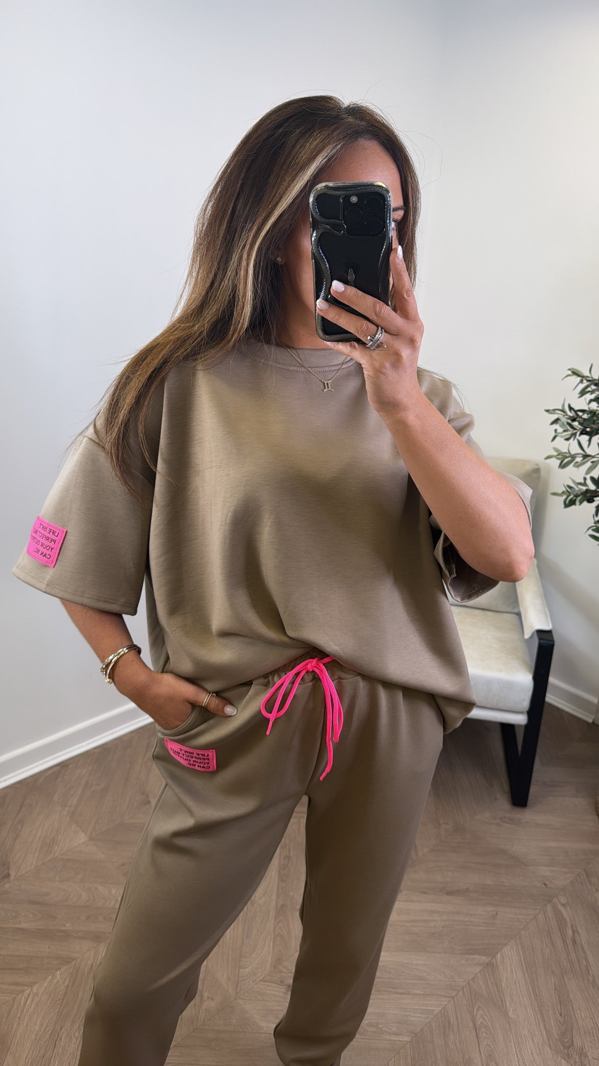 LESSIE mocha life logo lounge set with cuffed joggers