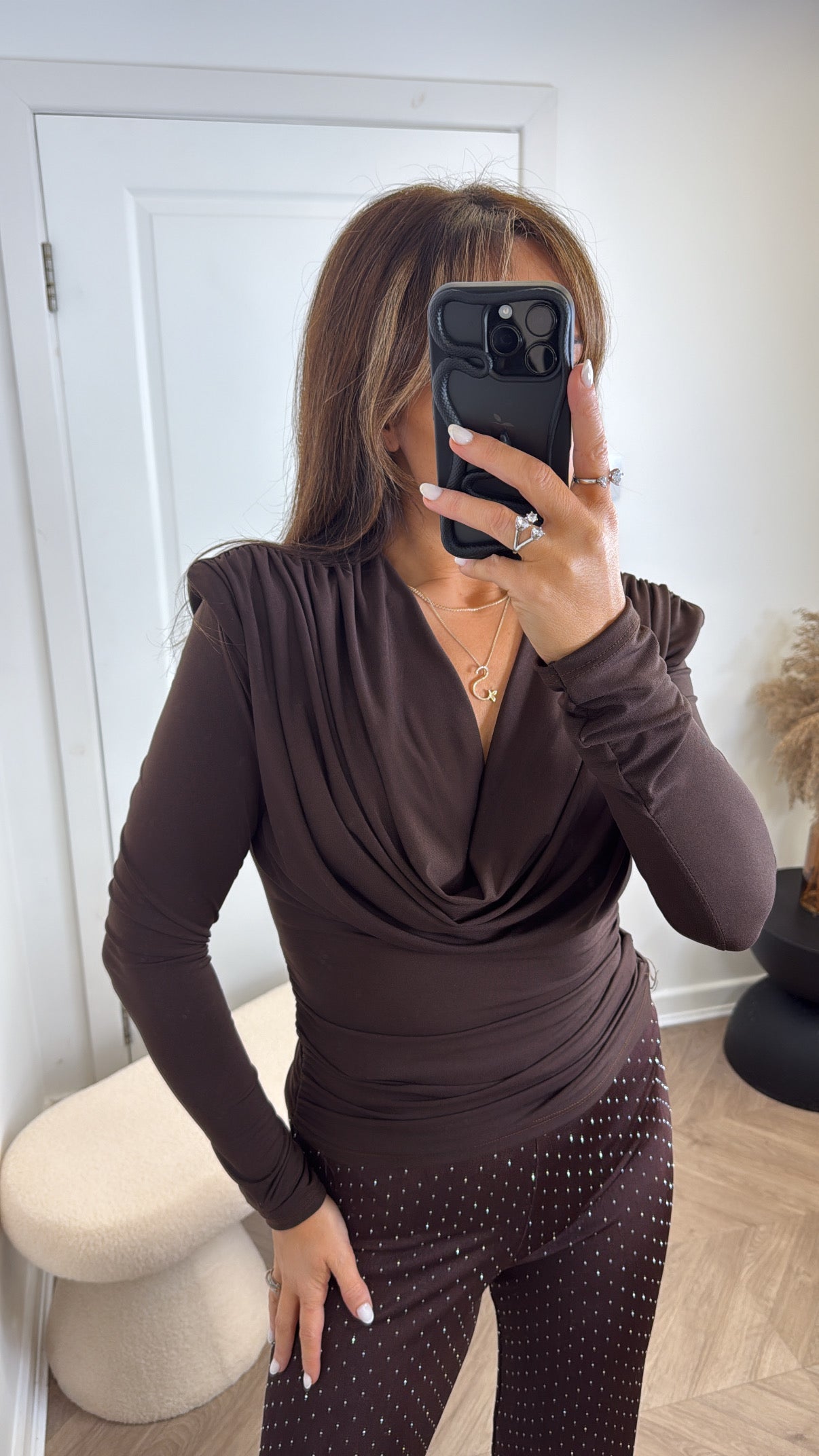 BROGAN brown drape neck top with shoulder pads