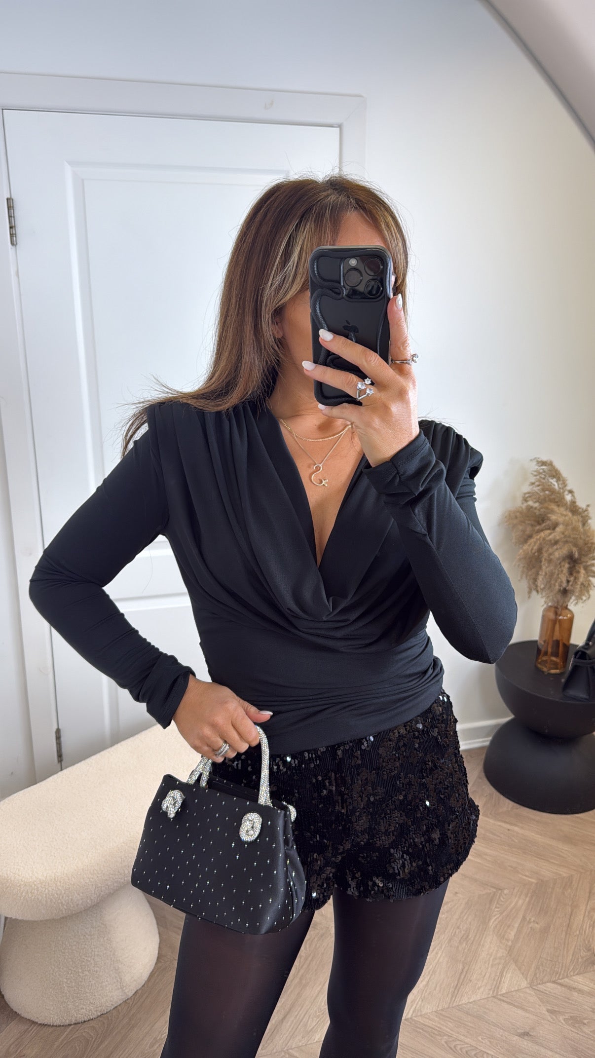 BROGAN black drape neck top with shoulder pads