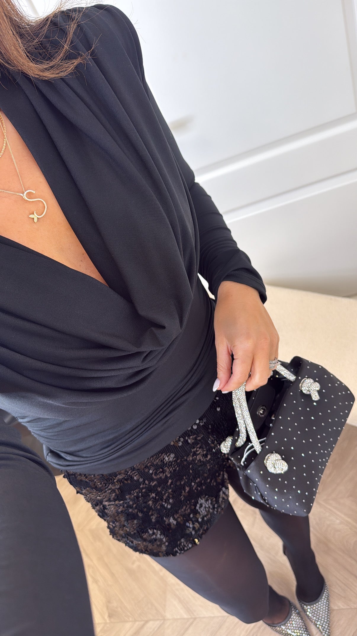 BROGAN black drape neck top with shoulder pads