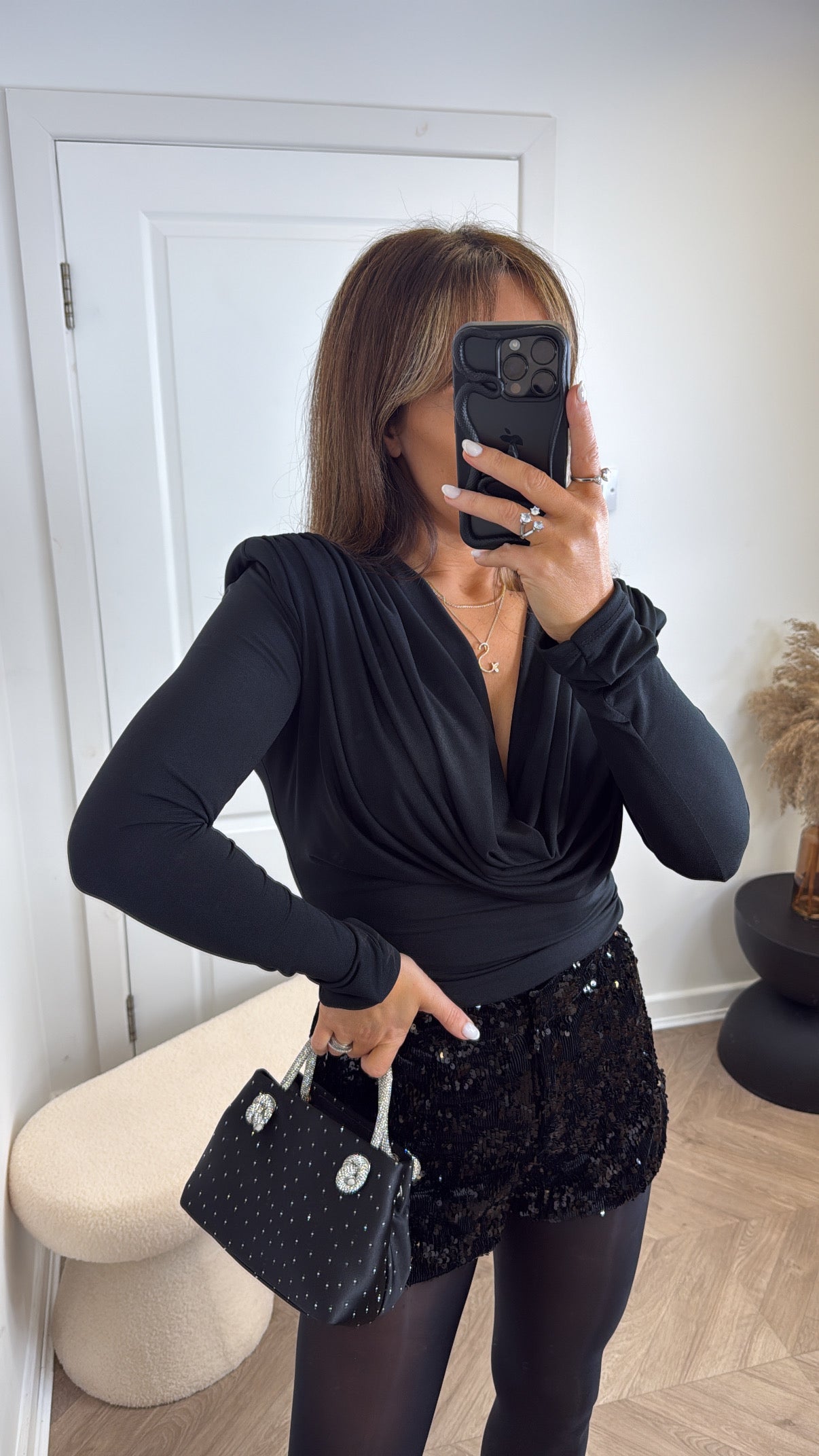 BROGAN black drape neck top with shoulder pads