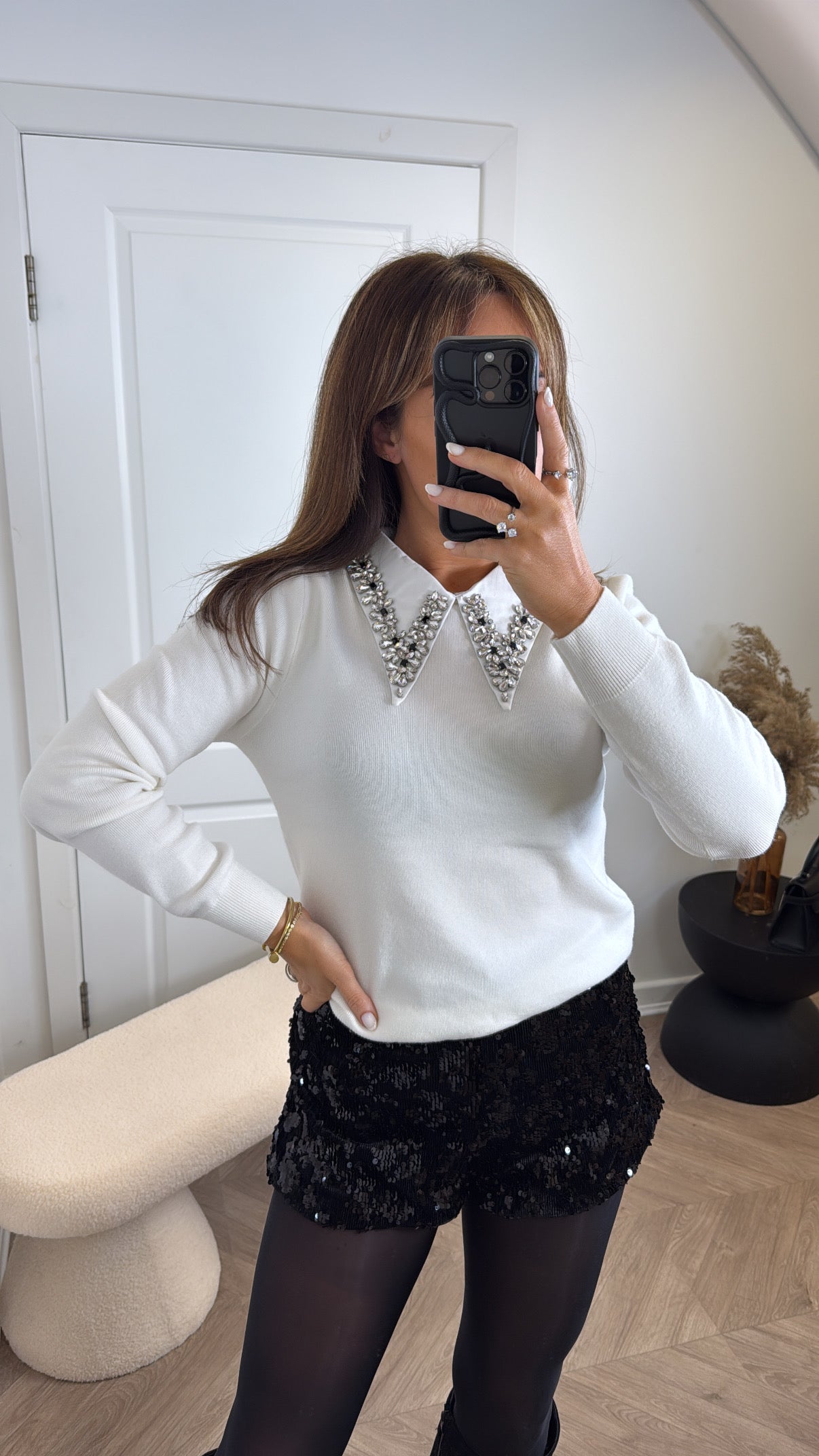 ABBIE white jewel collar jumper