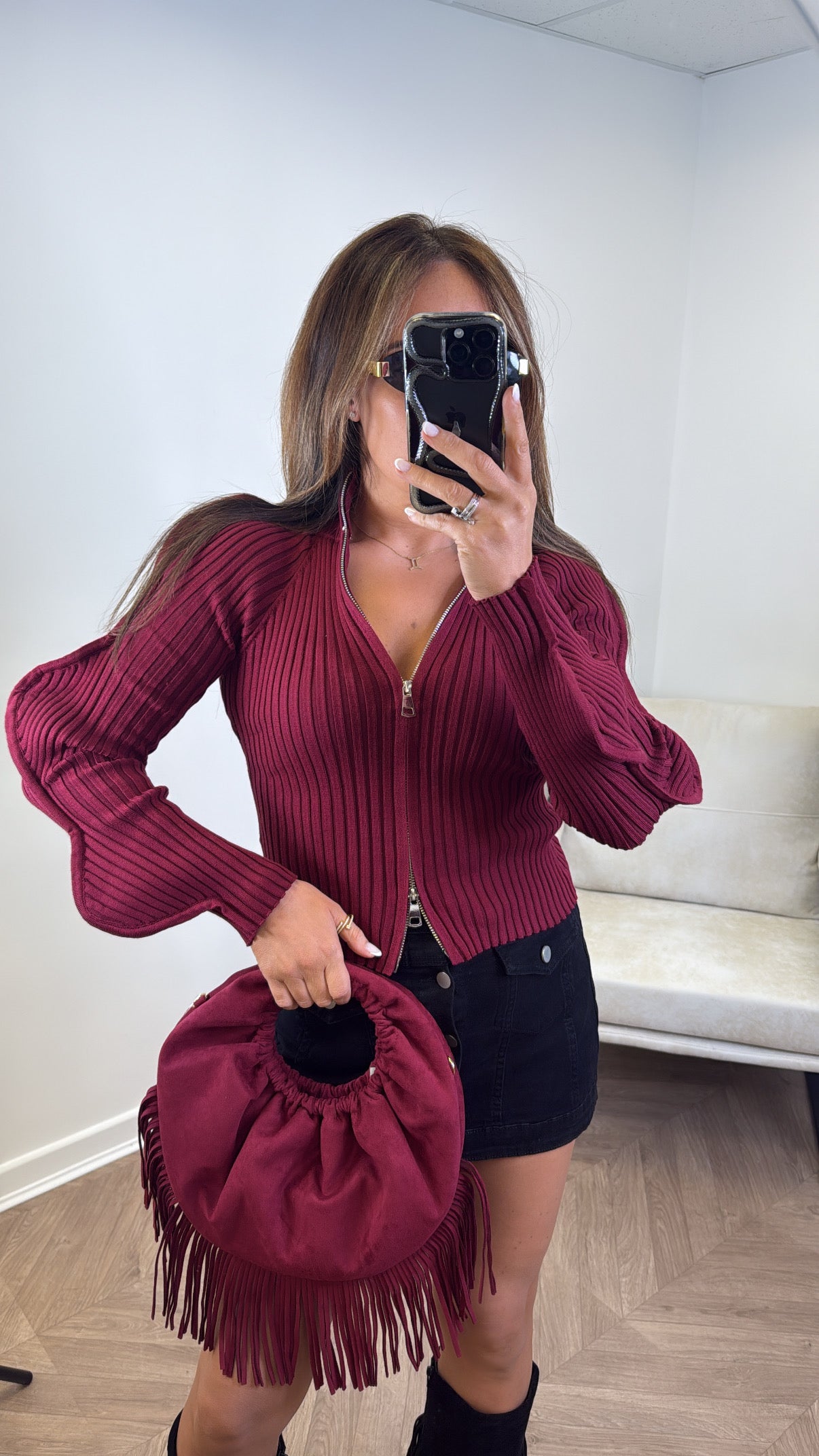 HATTIE burgundy ribbed zip up top