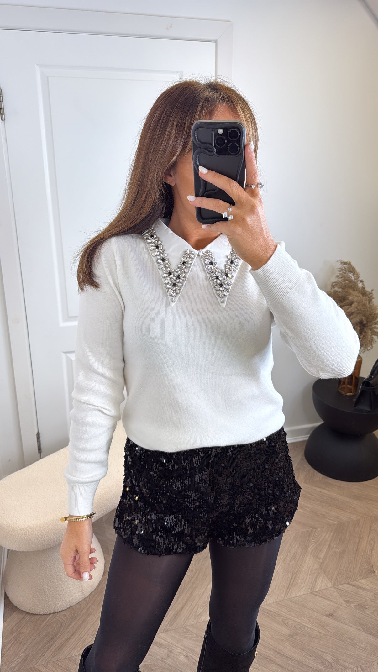 ABBIE white jewel collar jumper