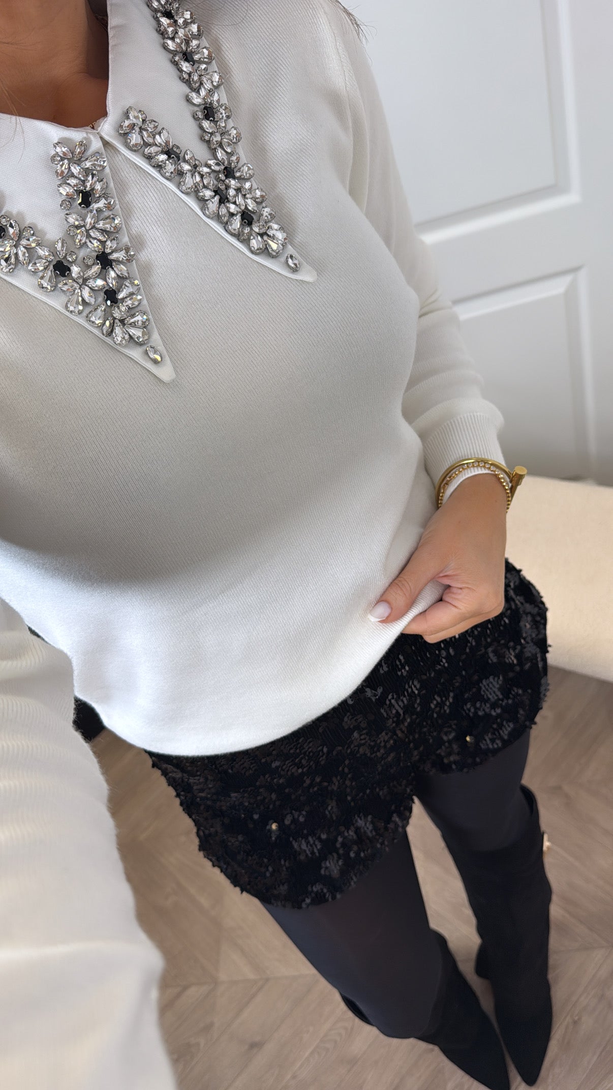 ABBIE white jewel collar jumper