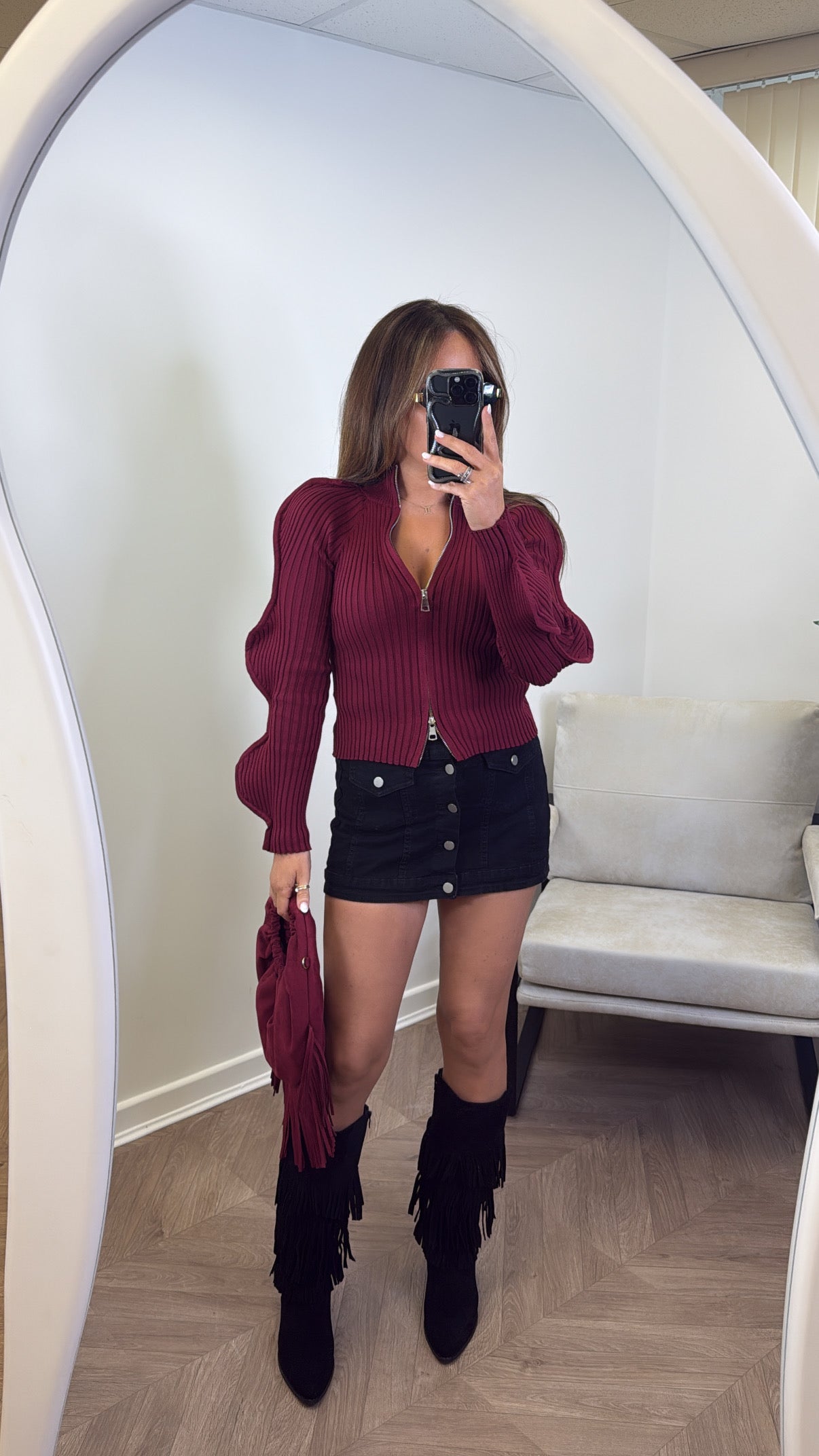 HATTIE burgundy ribbed zip up top