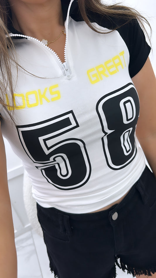 KELLIE white and black racing crop top