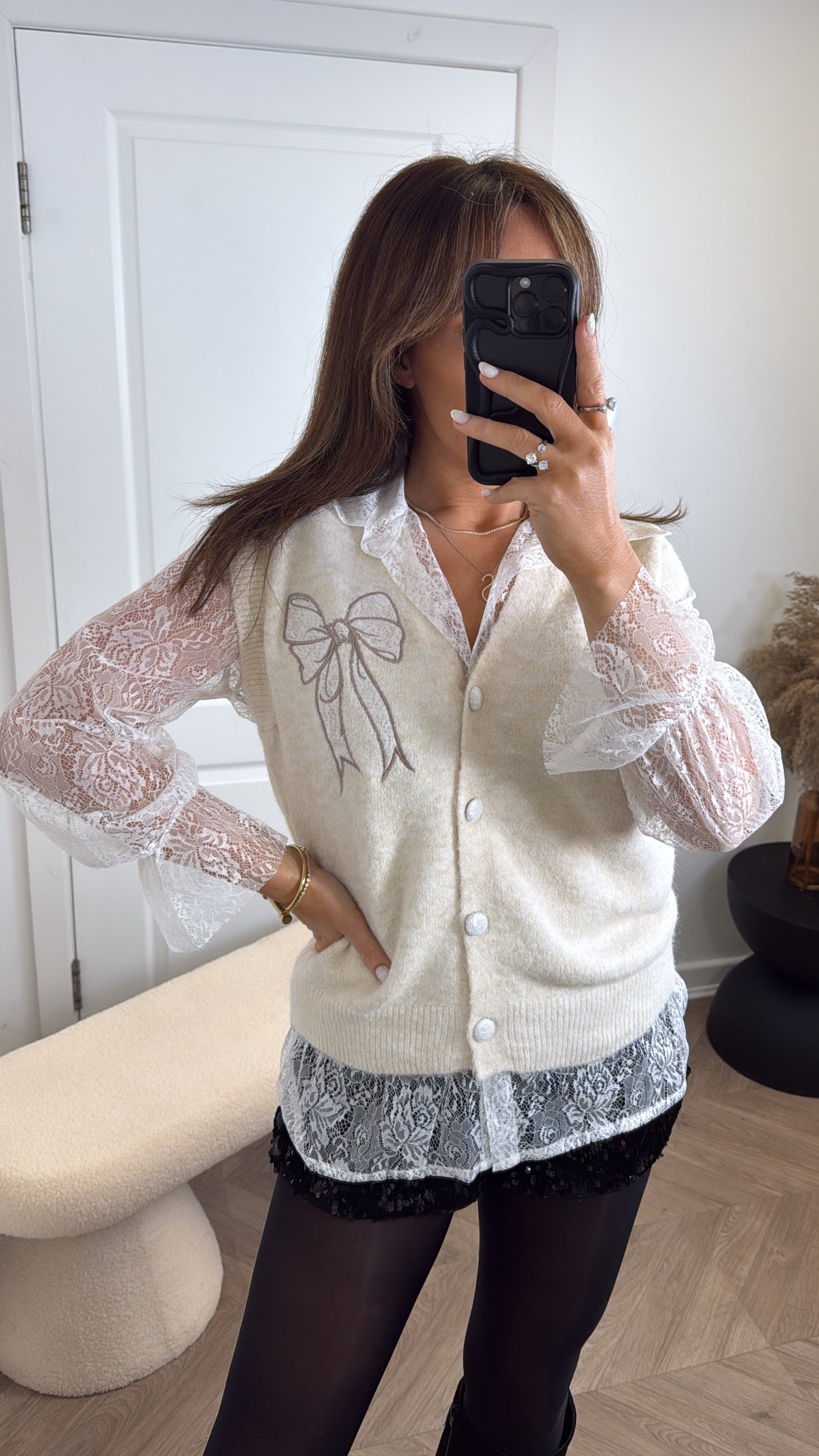 TORI white lace blouse and cream cardigan co-ord