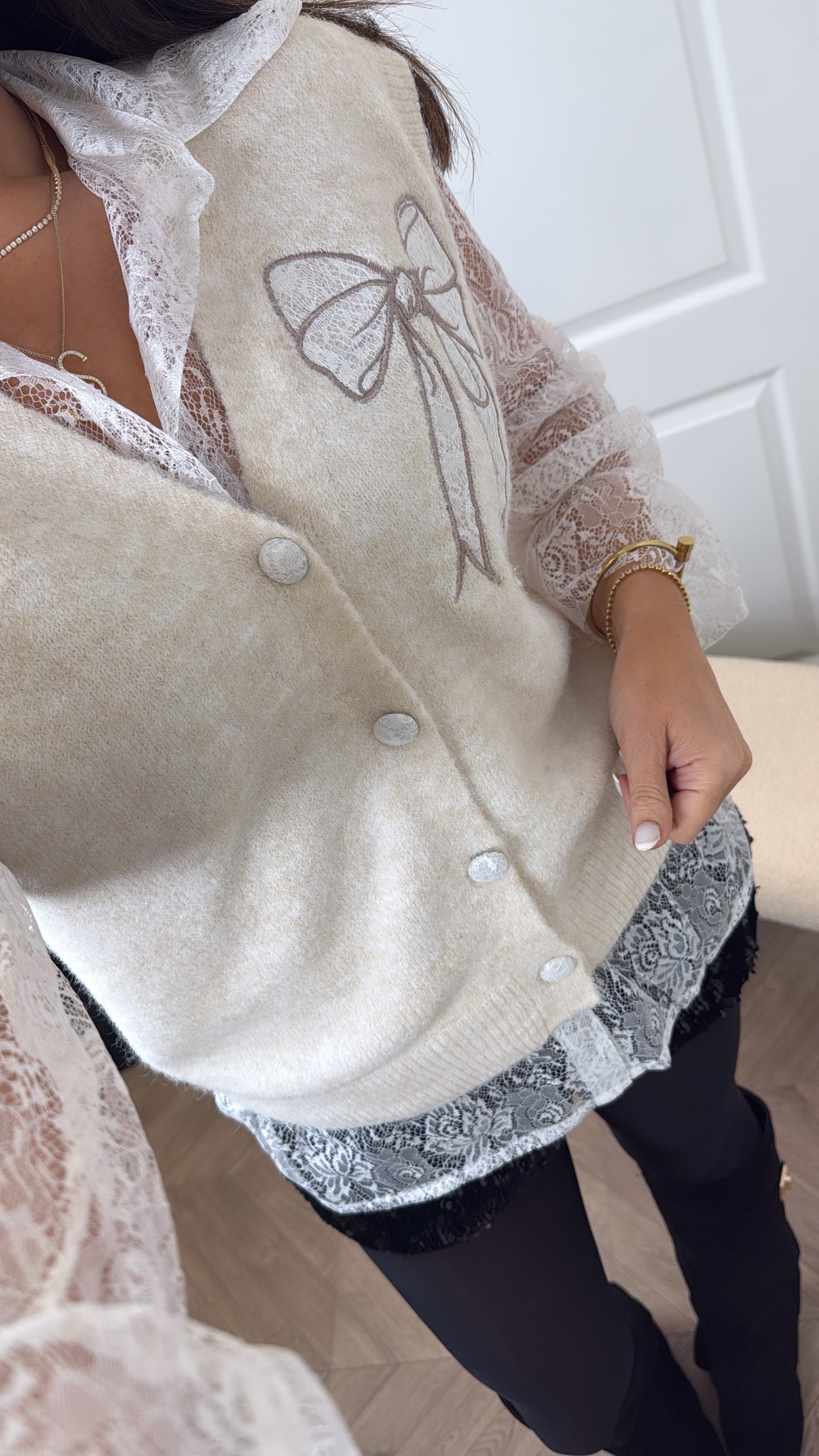 TORI white lace blouse and cream cardigan co-ord