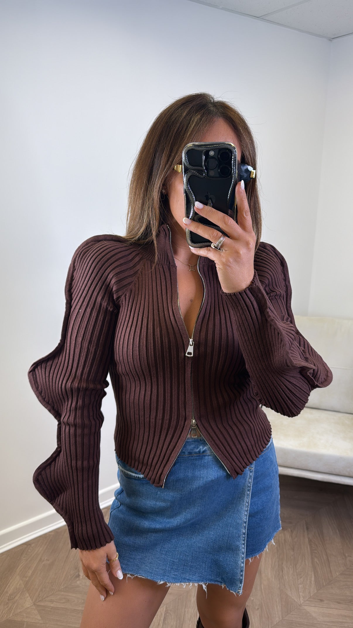 HATTIE brown ribbed zip up top