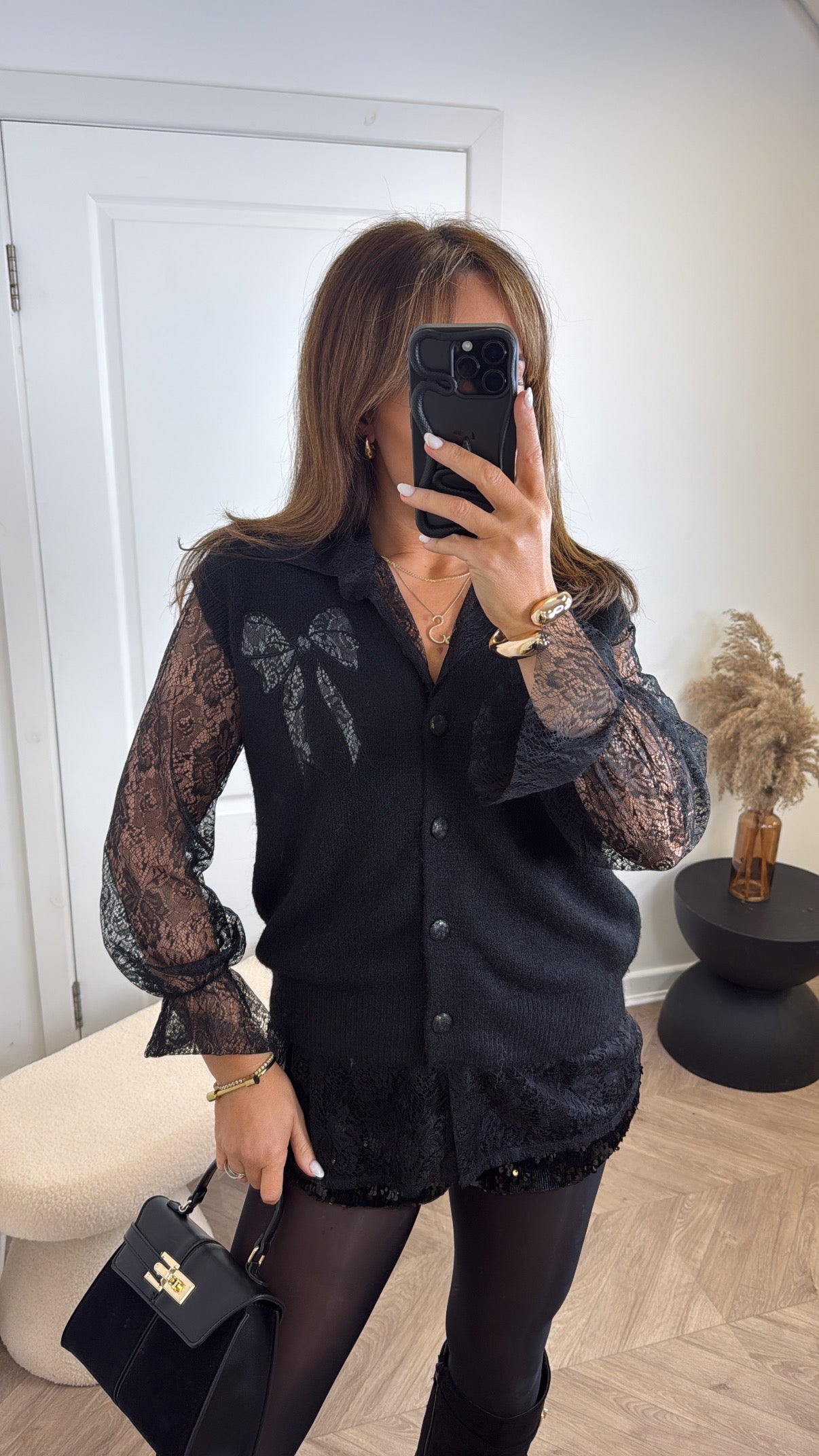 TORI black lace blouse and black cardigan co-ord