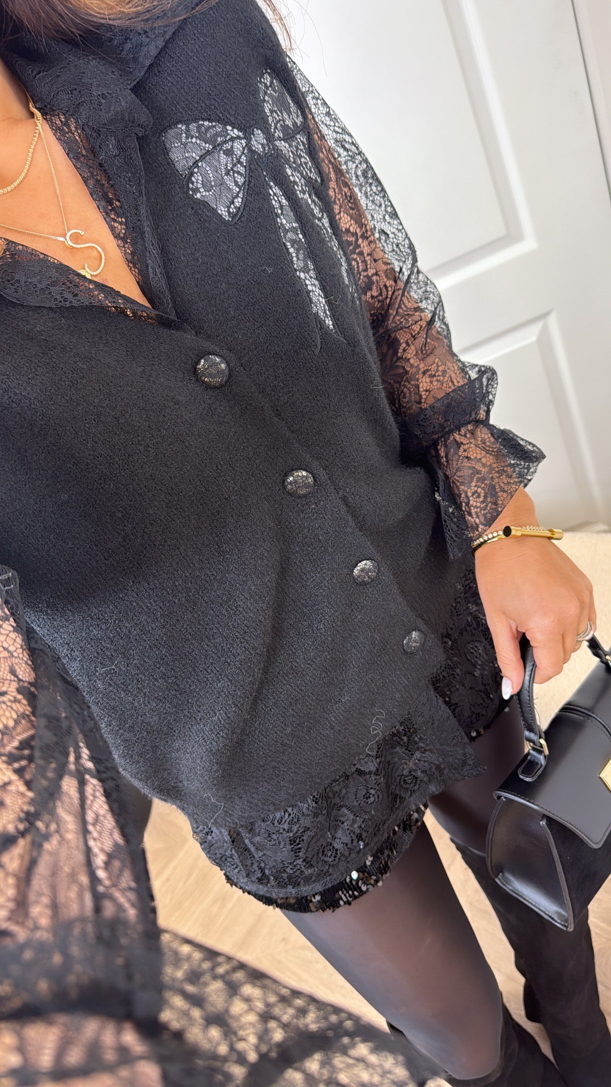 TORI black lace blouse and black cardigan co-ord