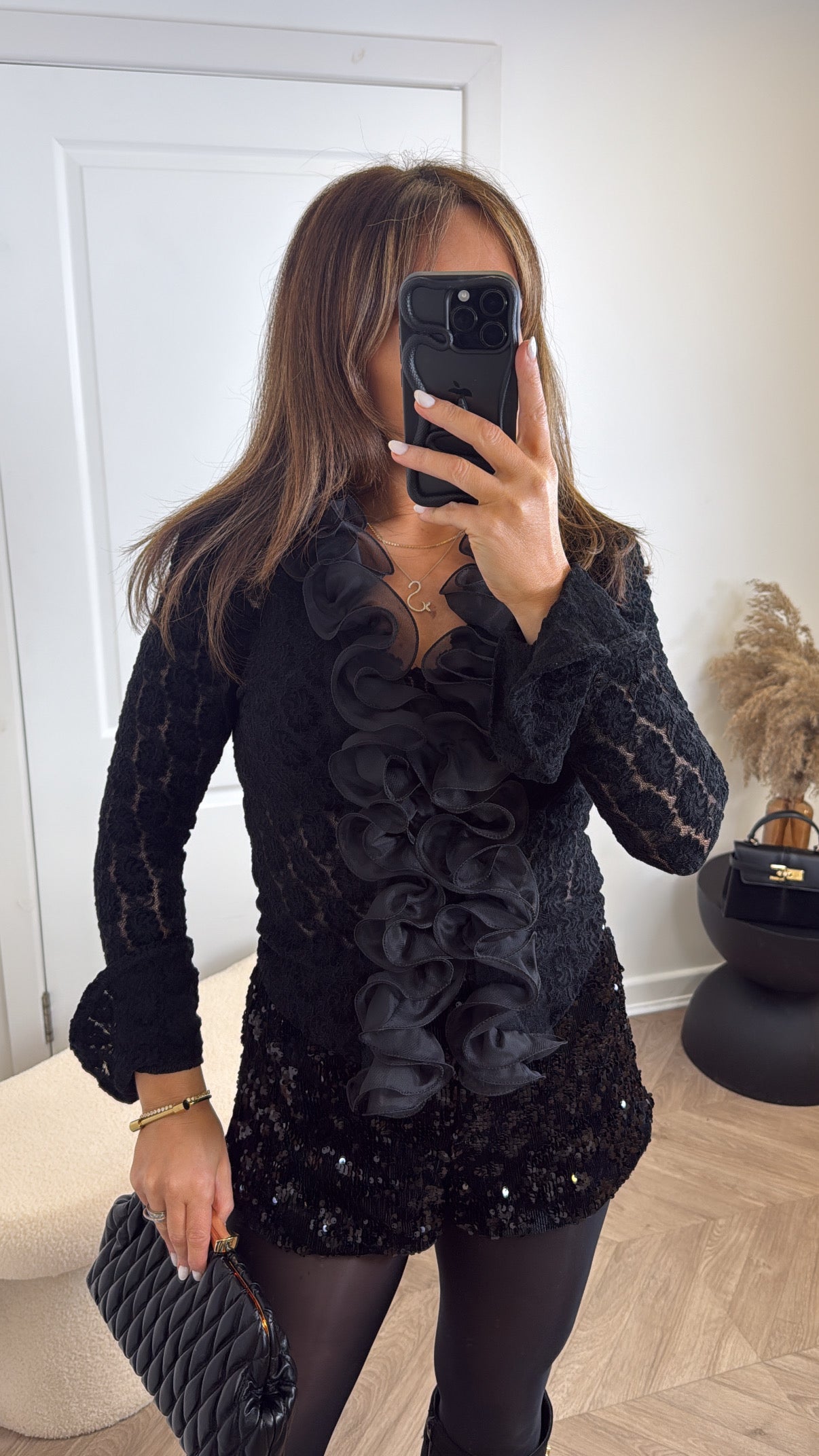 WILLOW black lace blouse with ruffle detail