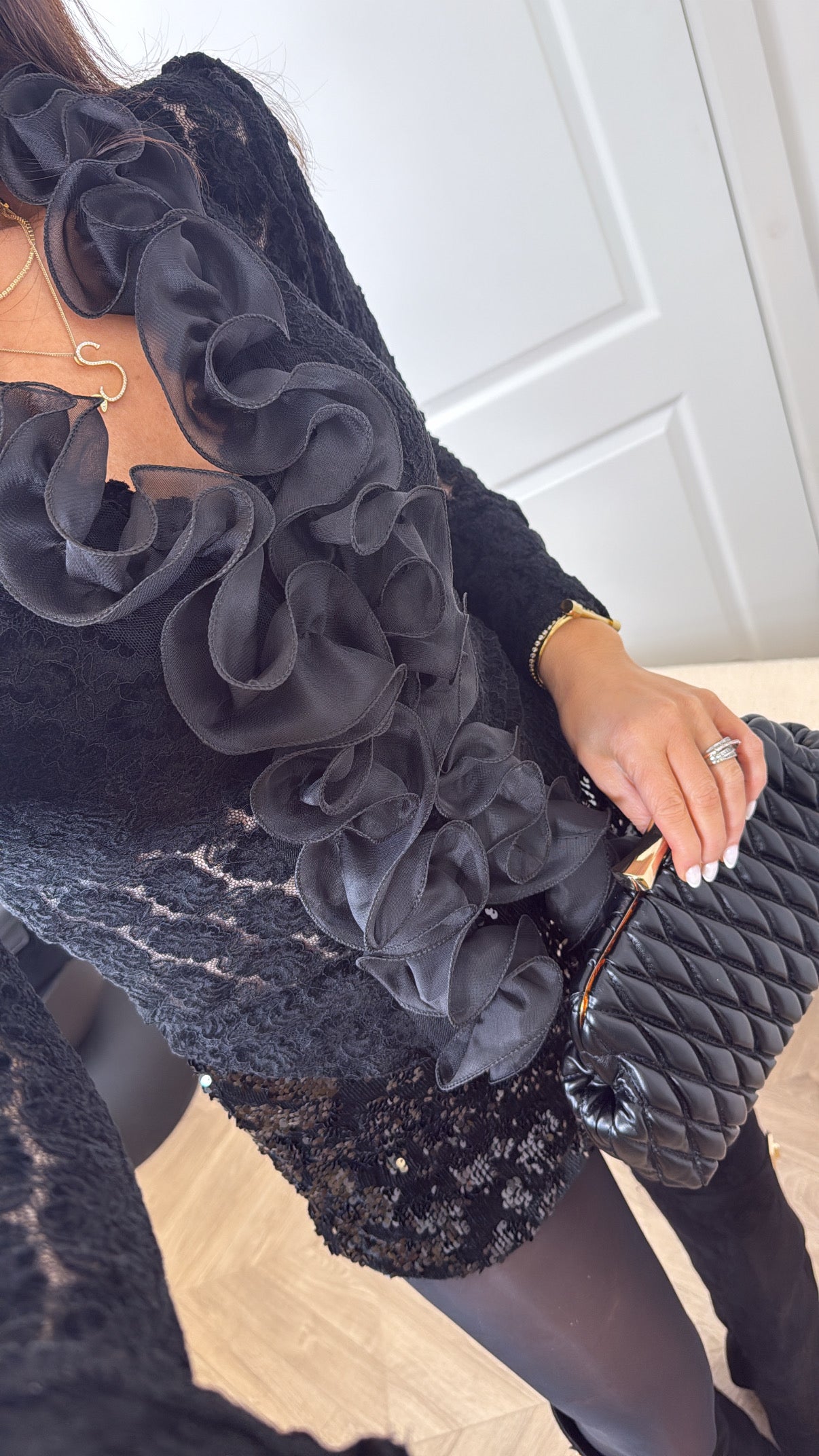 WILLOW black lace blouse with ruffle detail