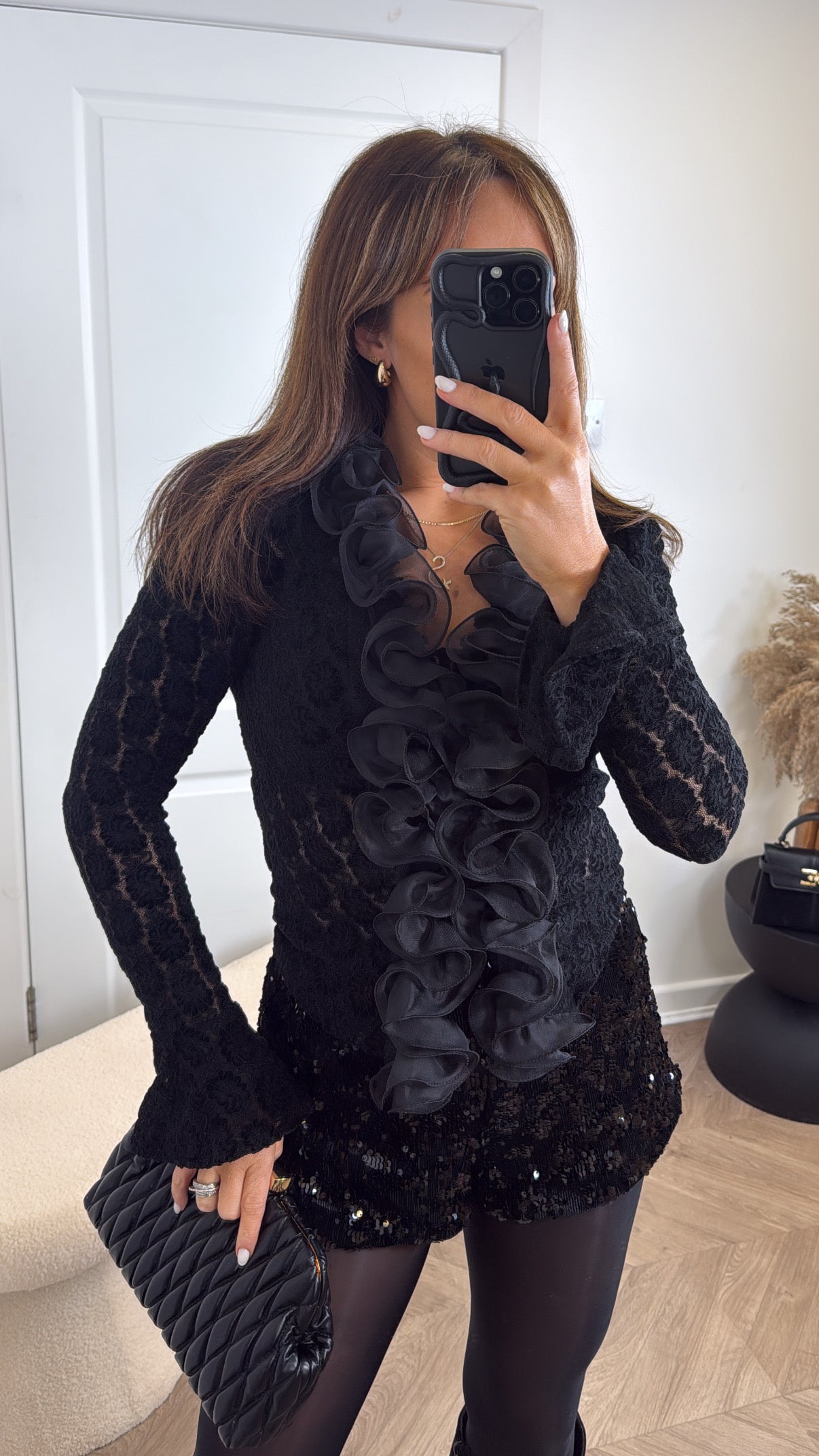 WILLOW black lace blouse with ruffle detail
