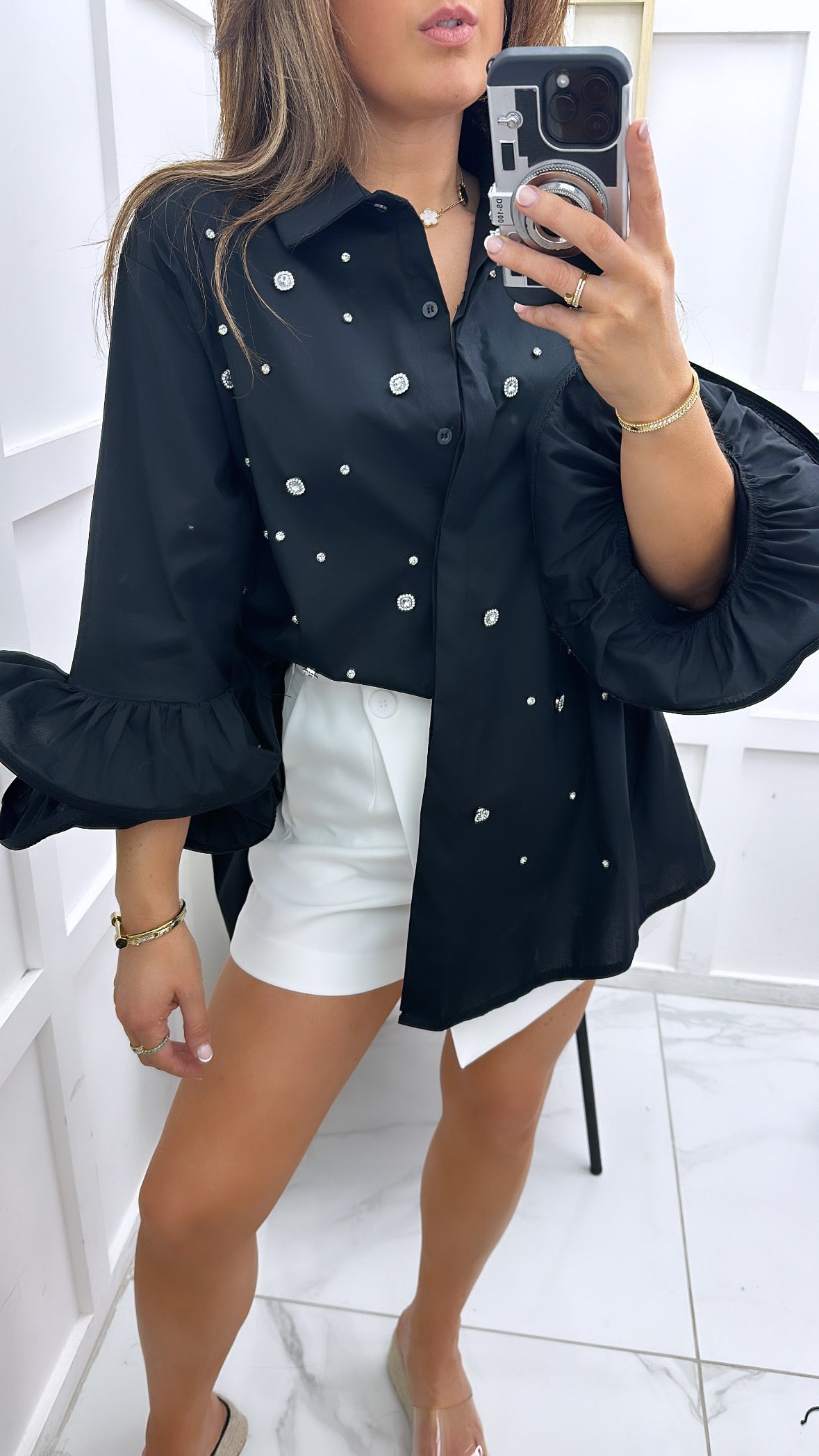 SOFIA black jewel embellished dip hem shirt with extreme sleeve