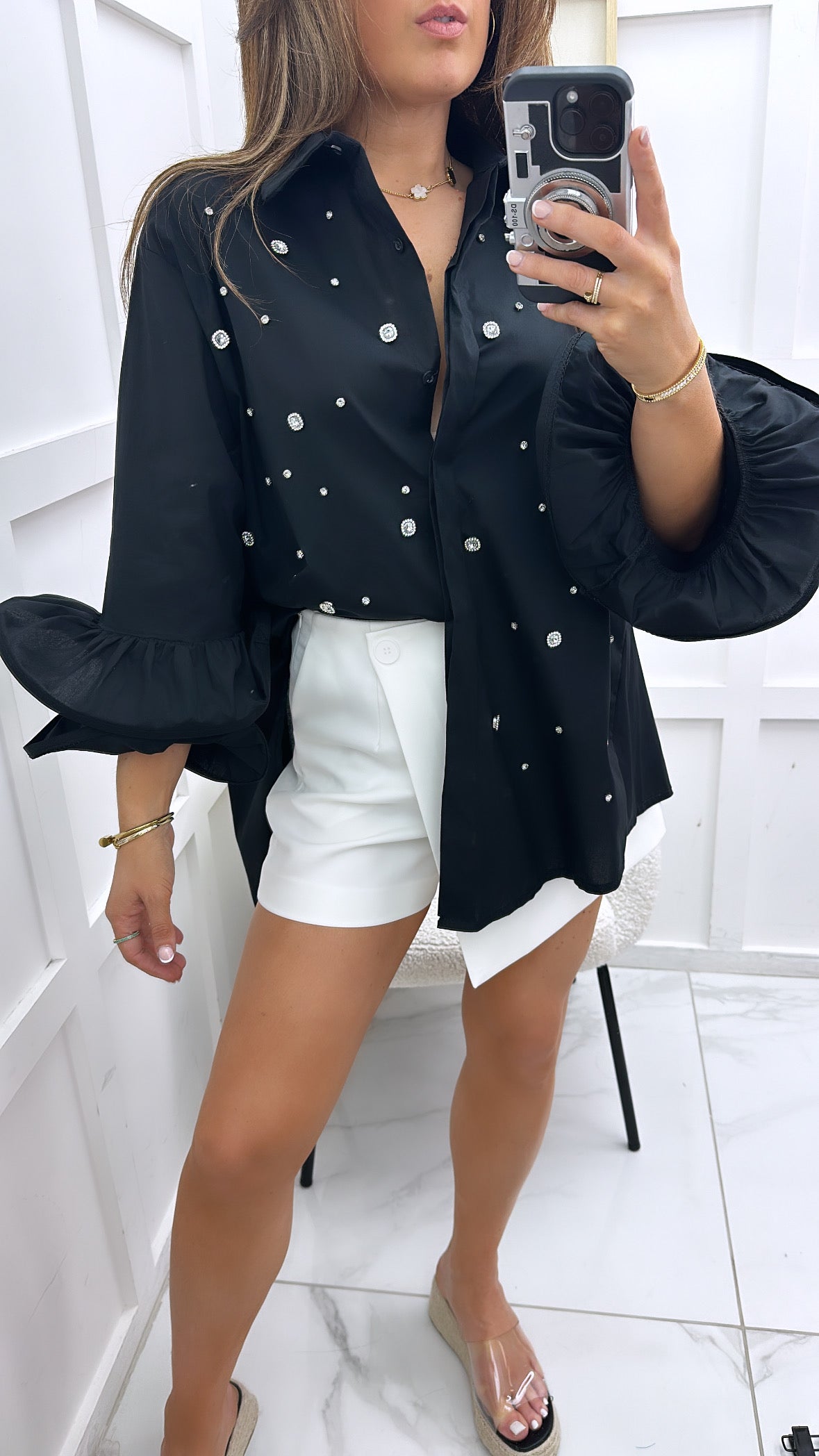 SOFIA black jewel embellished dip hem shirt with extreme sleeve