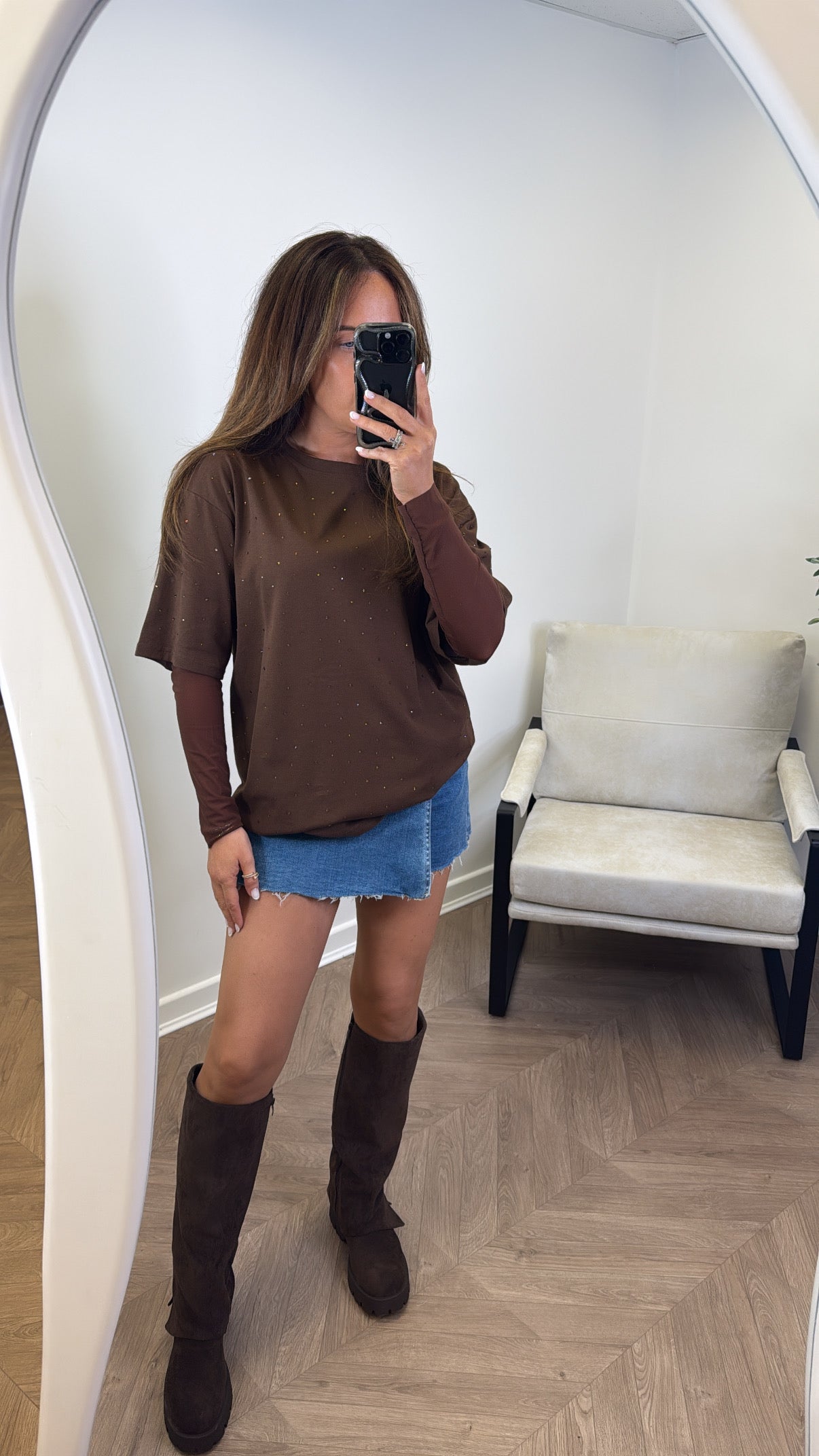 JESSICA brown jewel mesh sleeve t-shirt