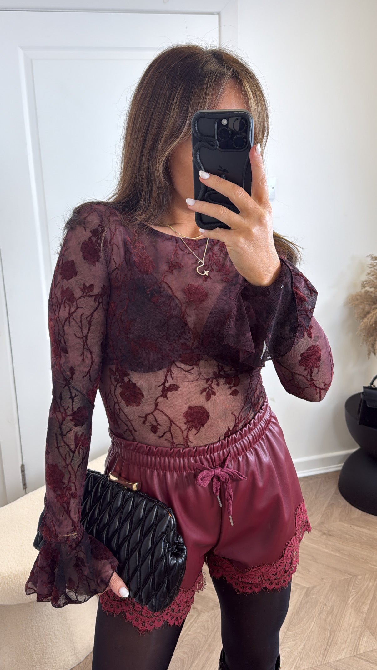 PARKER burgundy mesh floral bodysuit