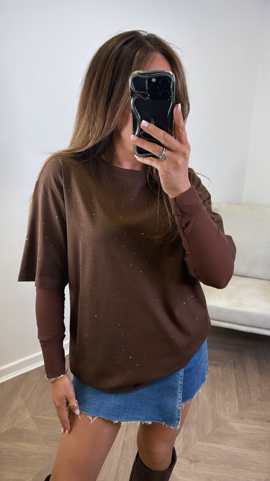 JESSICA brown jewel mesh sleeve t-shirt