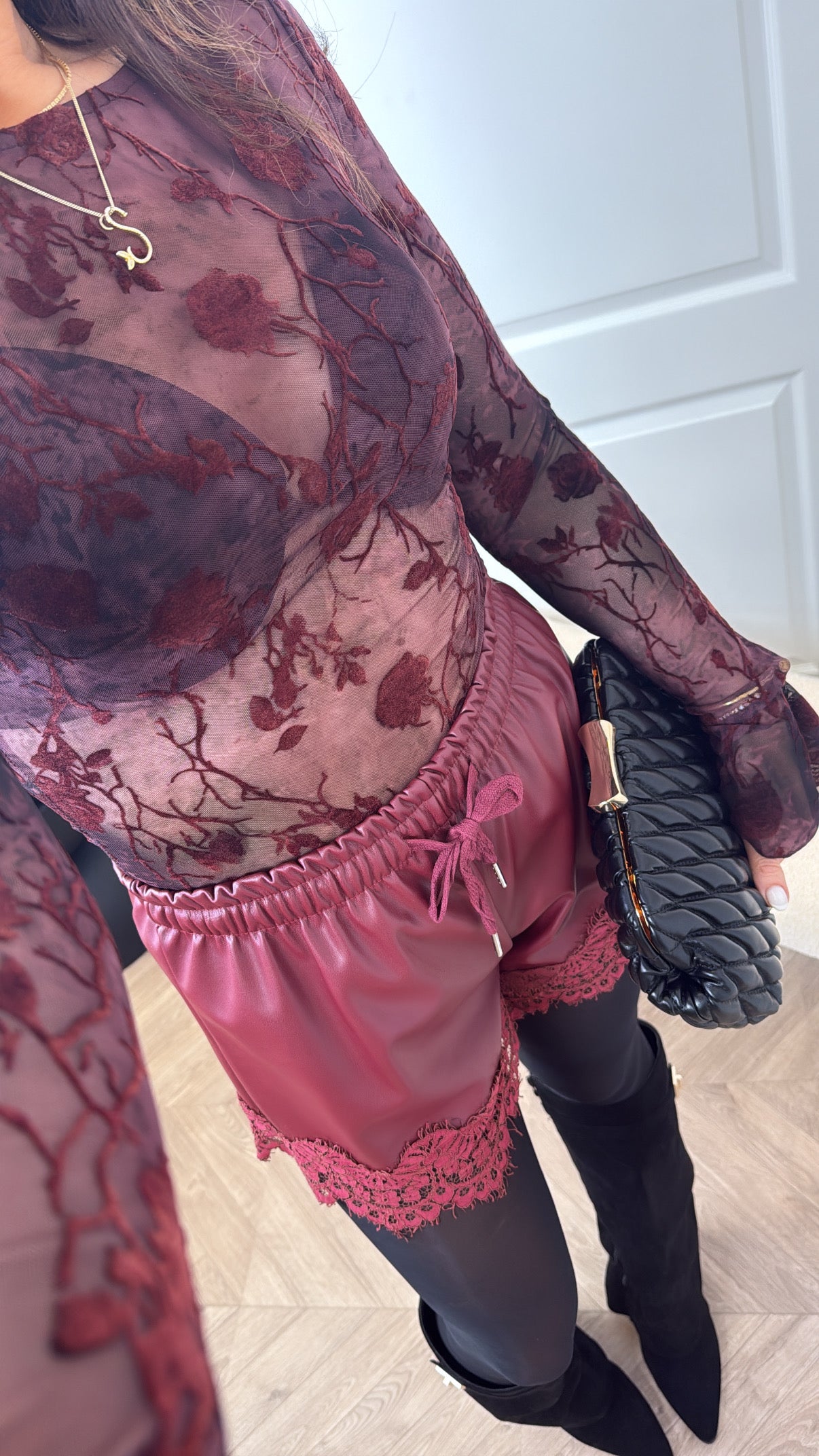 PARKER burgundy mesh floral bodysuit