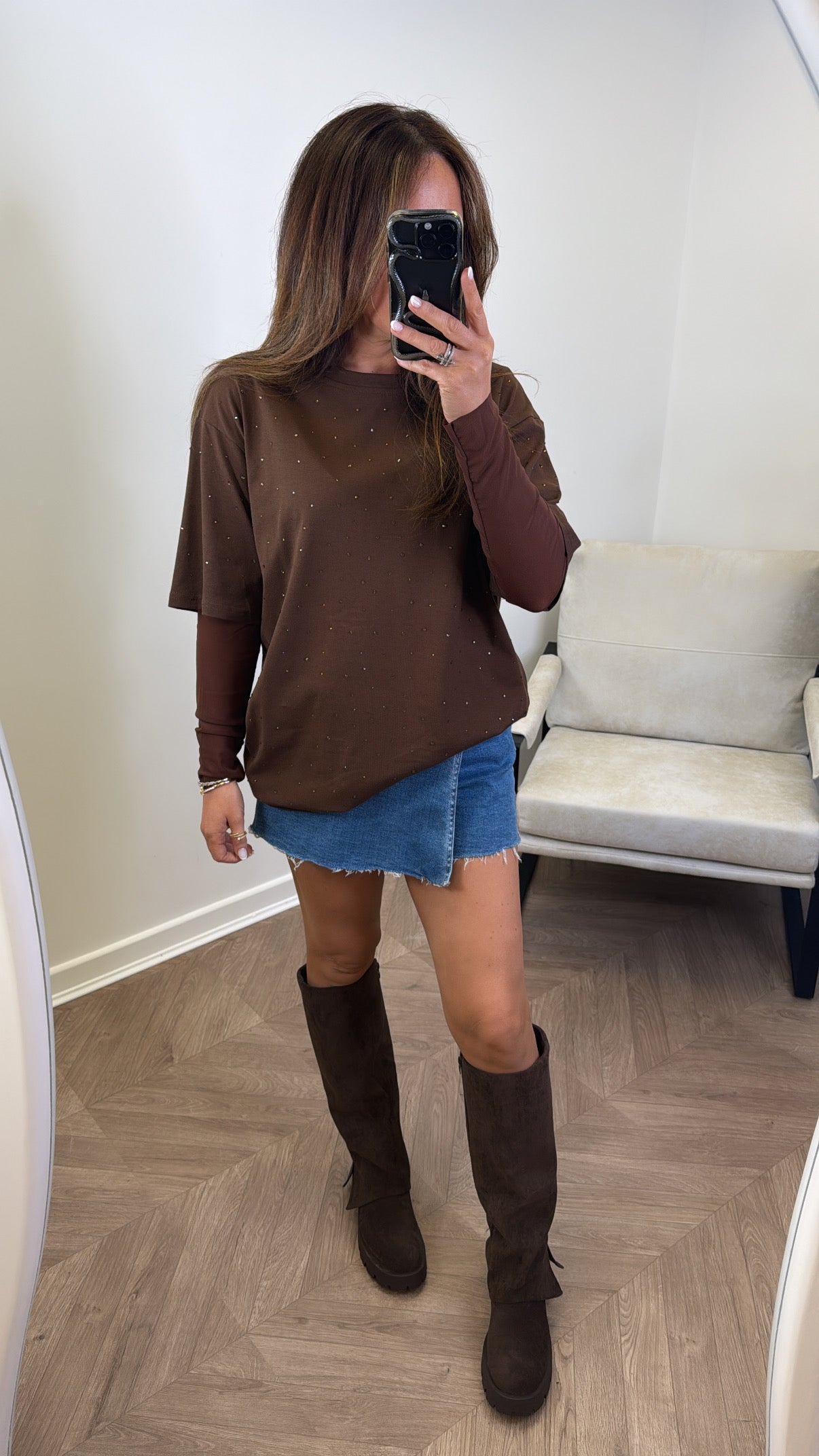 JESSICA brown jewel mesh sleeve t-shirt