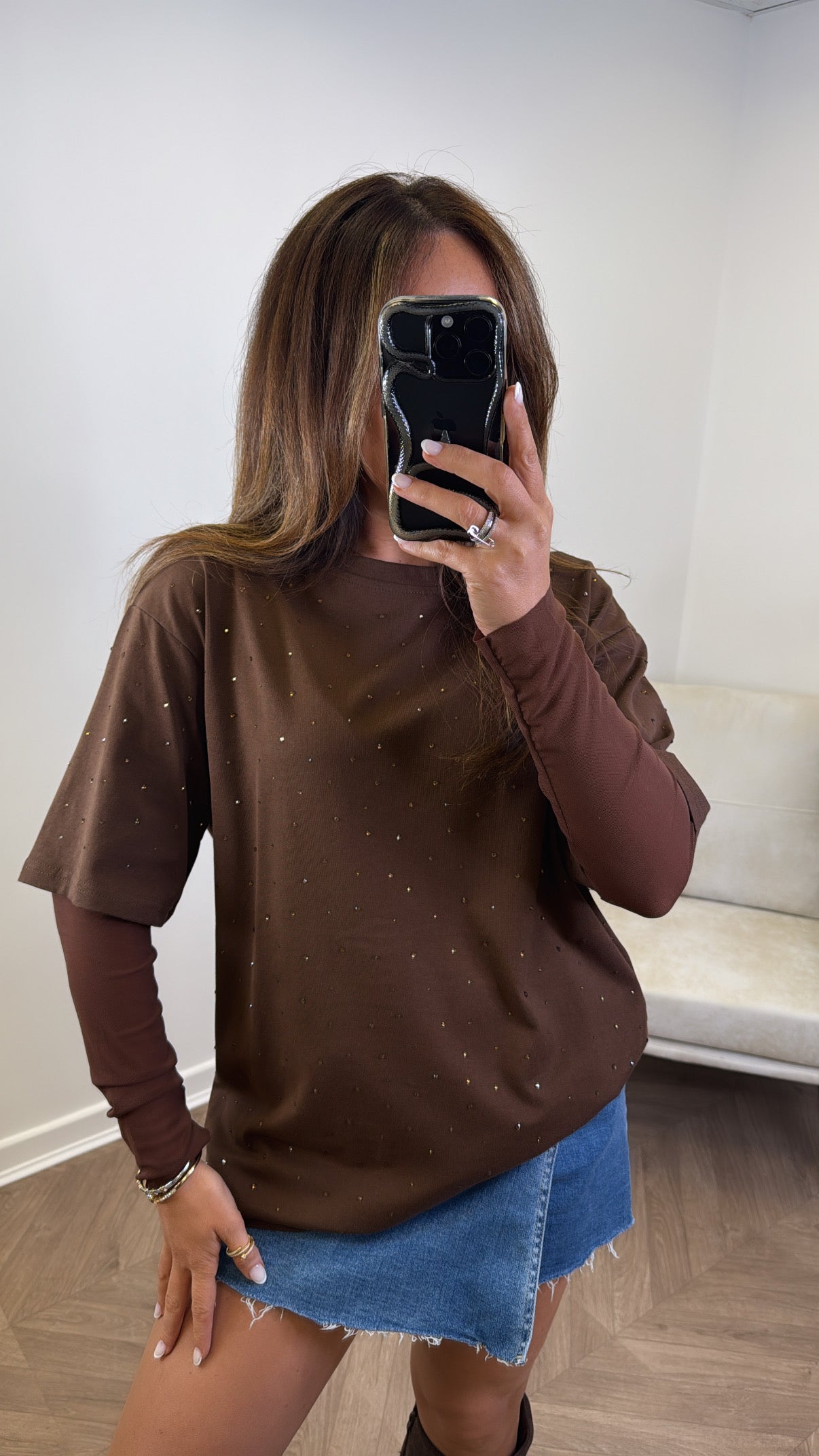 JESSICA brown jewel mesh sleeve t-shirt