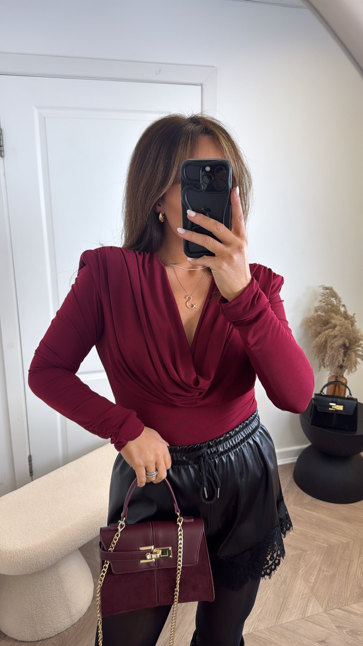 BROGAN burgundy drape neck top with shoulder pads