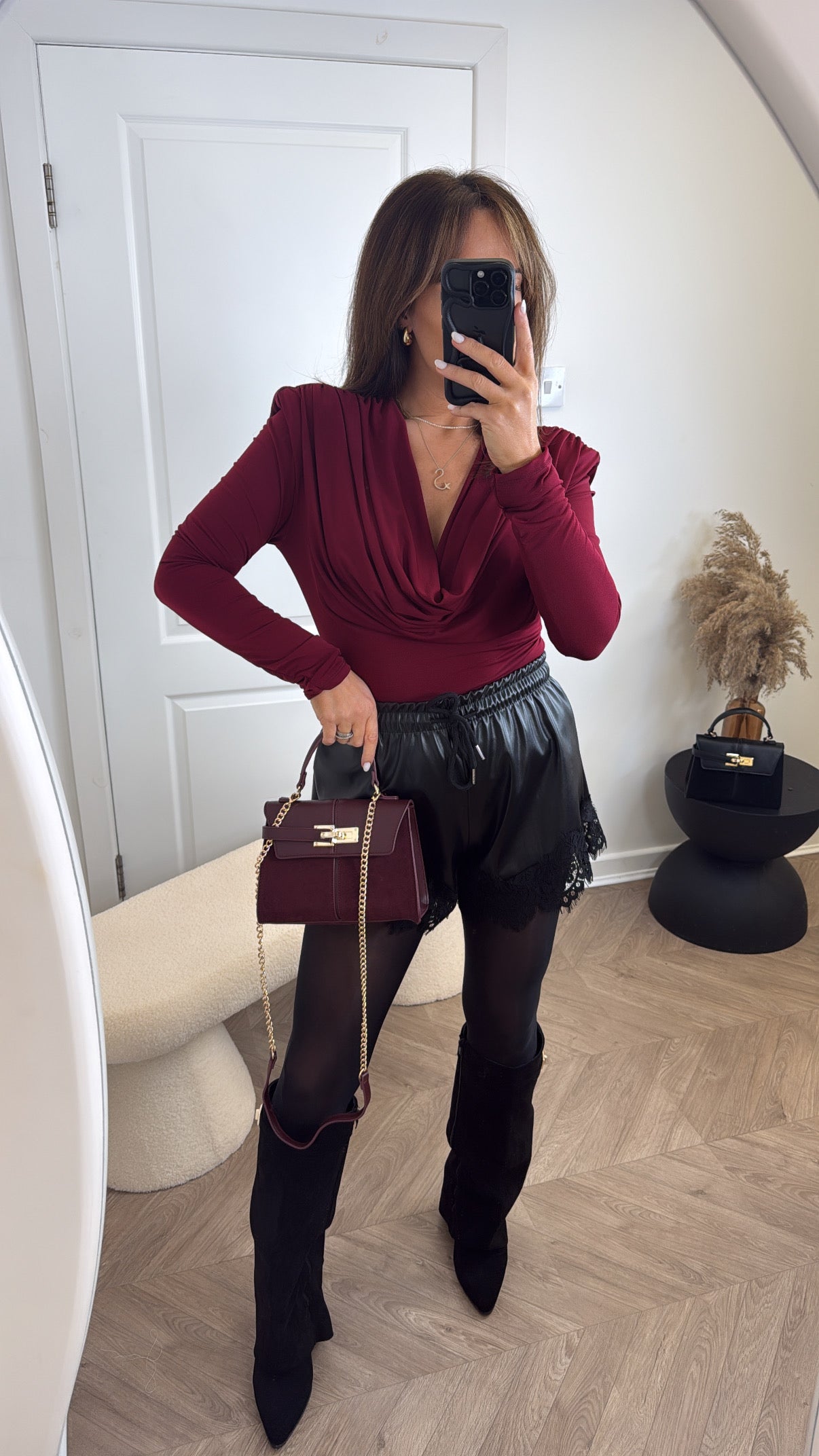 BROGAN burgundy drape neck top with shoulder pads