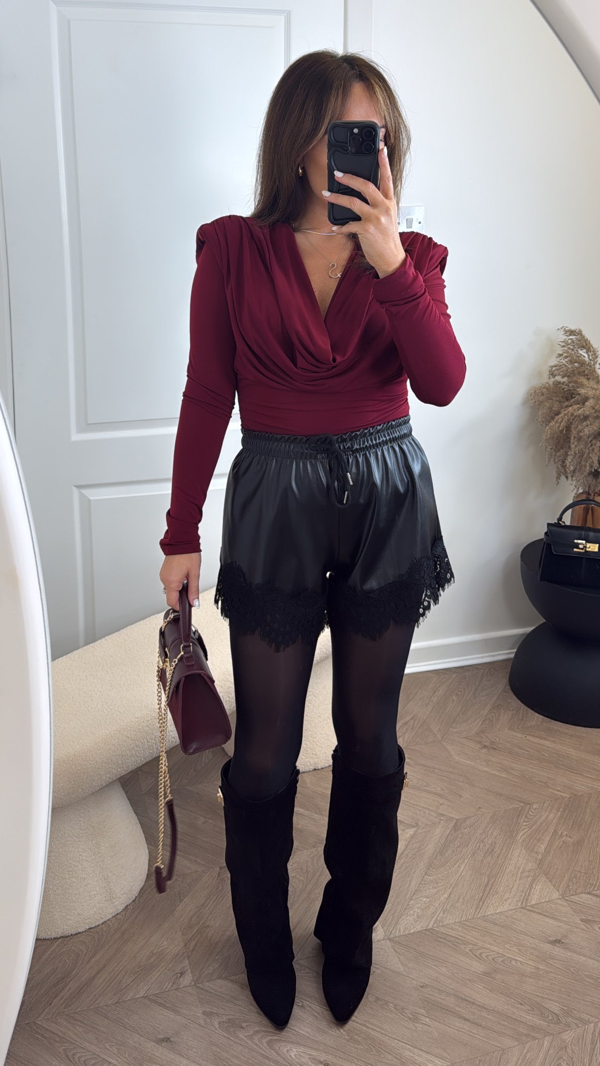 BROGAN burgundy drape neck top with shoulder pads