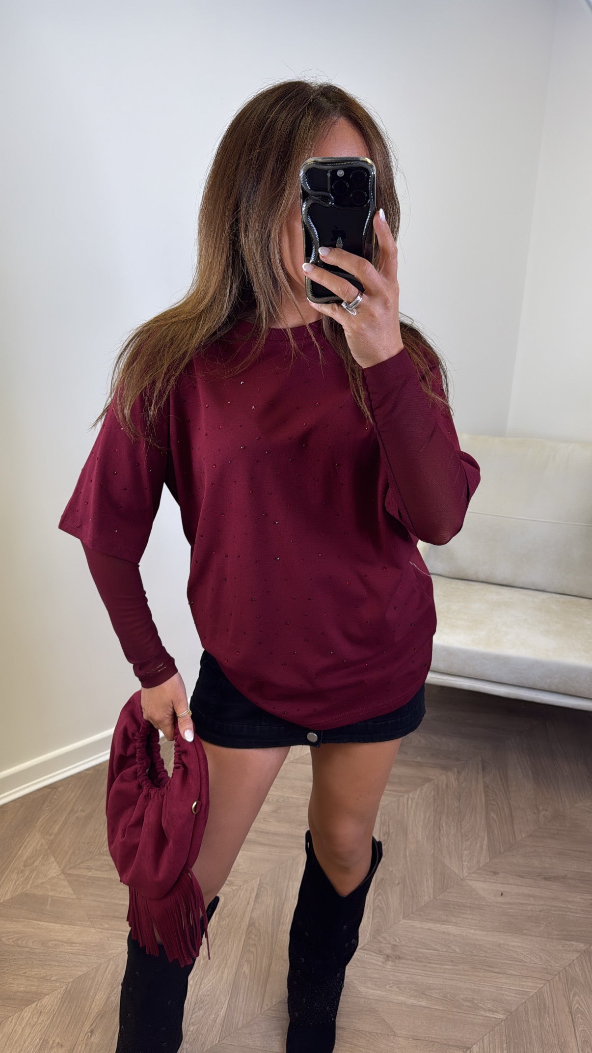 JESSICA burgundy jewel mesh sleeve t-shirt