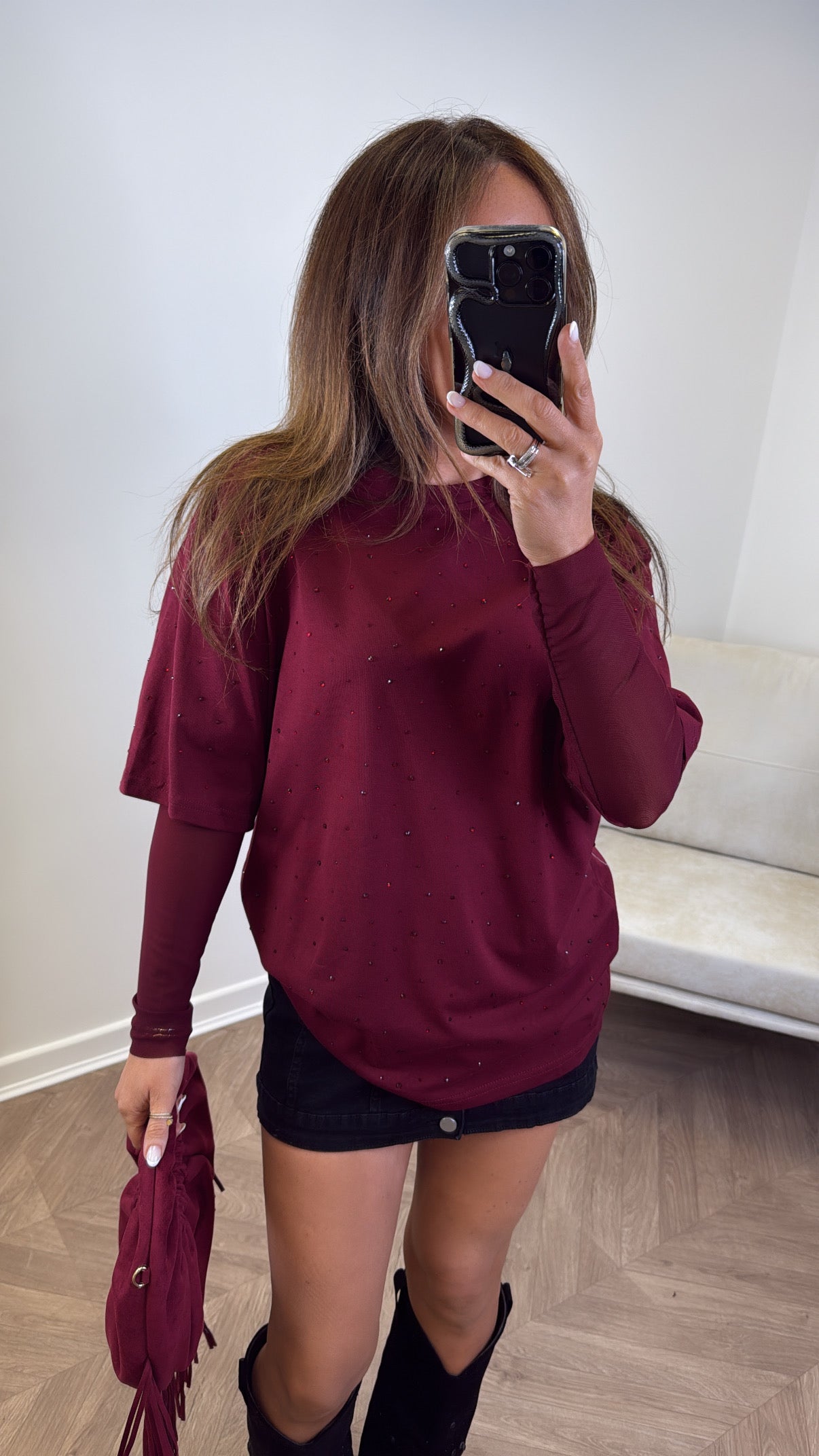 JESSICA burgundy jewel mesh sleeve t-shirt