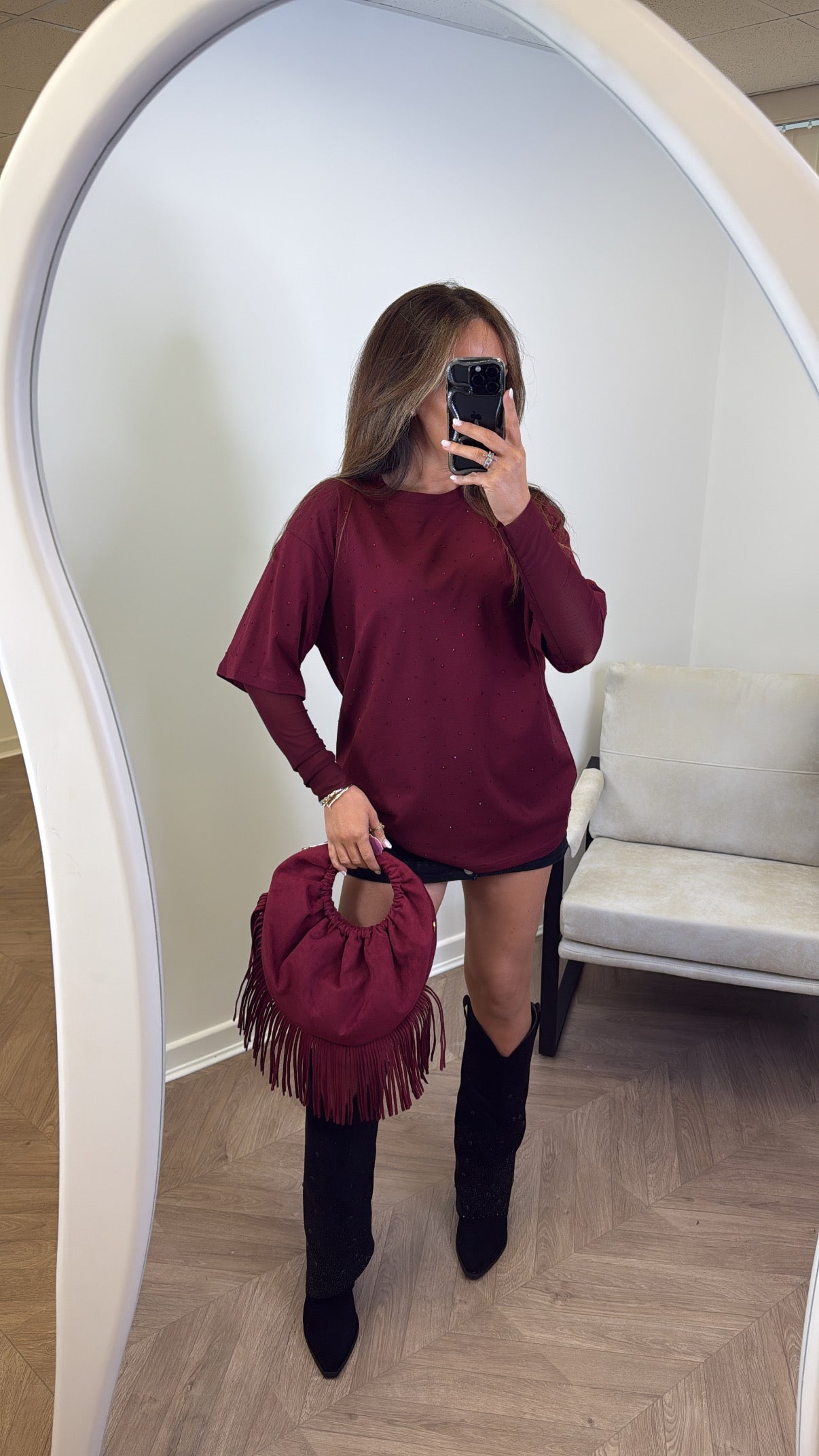 JESSICA burgundy jewel mesh sleeve t-shirt