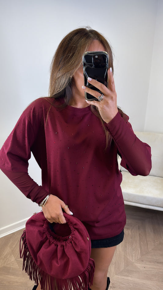 JESSICA burgundy jewel mesh sleeve t-shirt